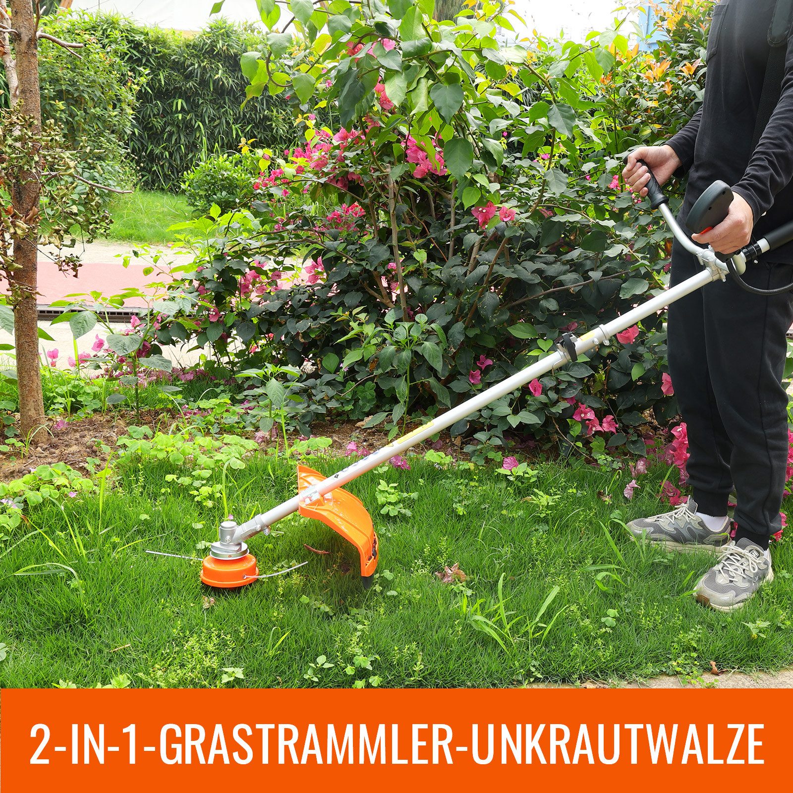 CONENTOOL Benzin-Motorsense Multifunktions Rasentrimmer mit austauschbaren Aufsätzen, 35 cm Arbeitsbreite Faden, 2-in-1 Rasentrimmer mit austauschbarem Fadenkopf & Stahlbürste