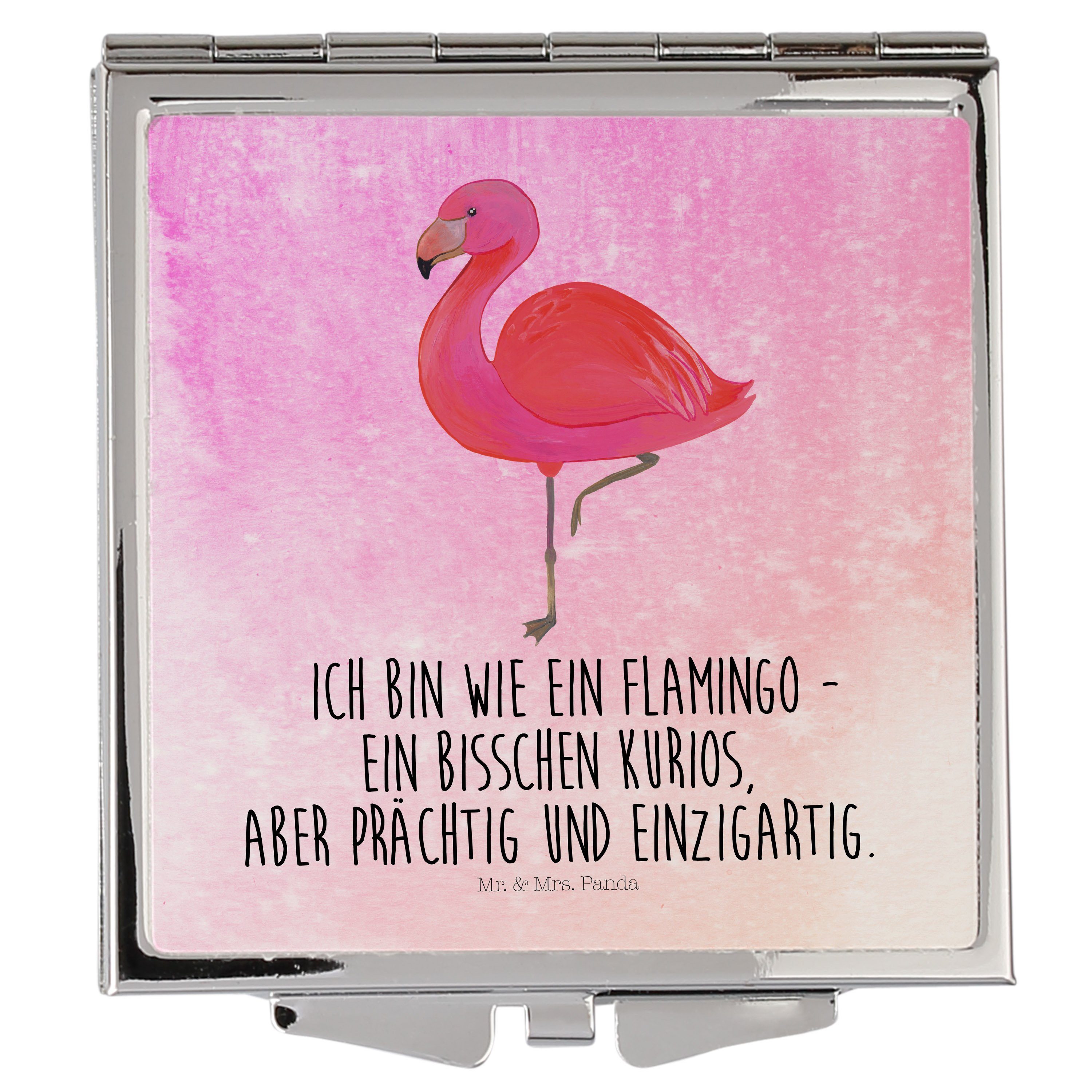 Mr. & Mrs. Panda Kosmetikspiegel Flamingo Classic - Aquarell Pink - Geschenk, Handtasche, einzigartig, (1-St), Magisch verziert