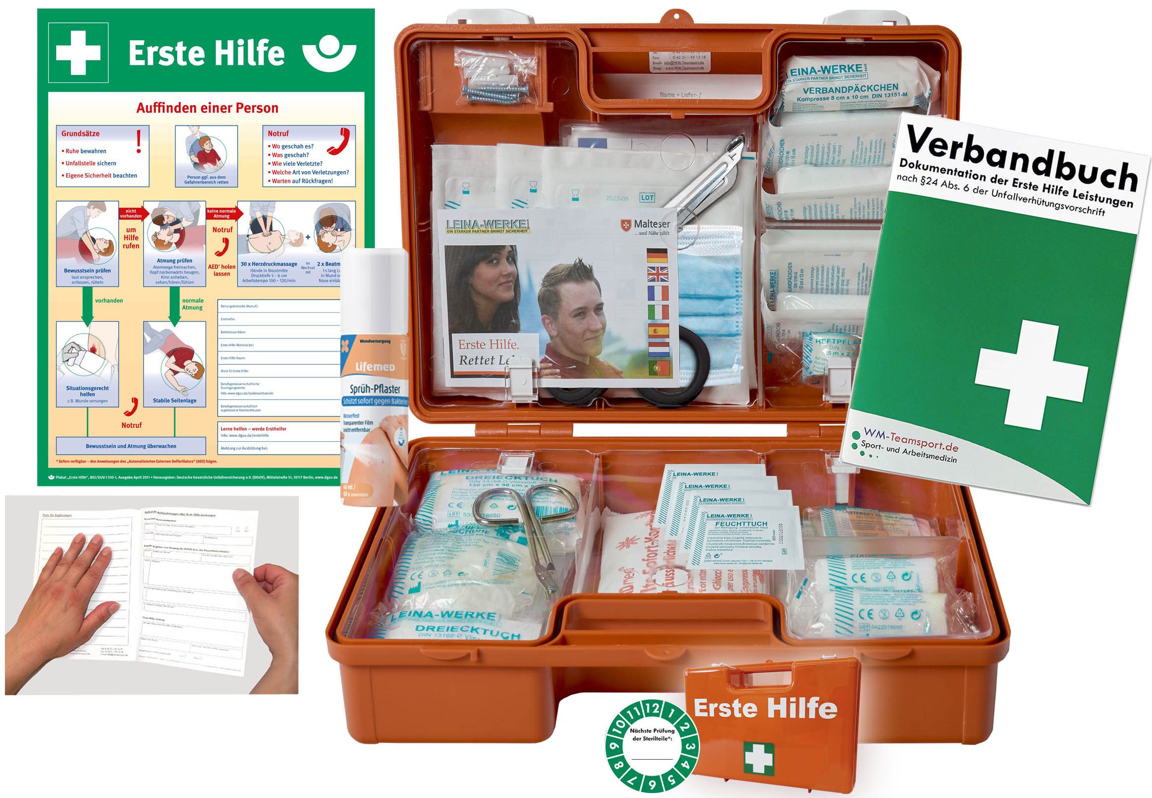 WM-Teamsport Erste-Hilfe-Koffer Erste-Hilfe-Koffer (M) DIN 13157 + Sprühpflaster + Aushang