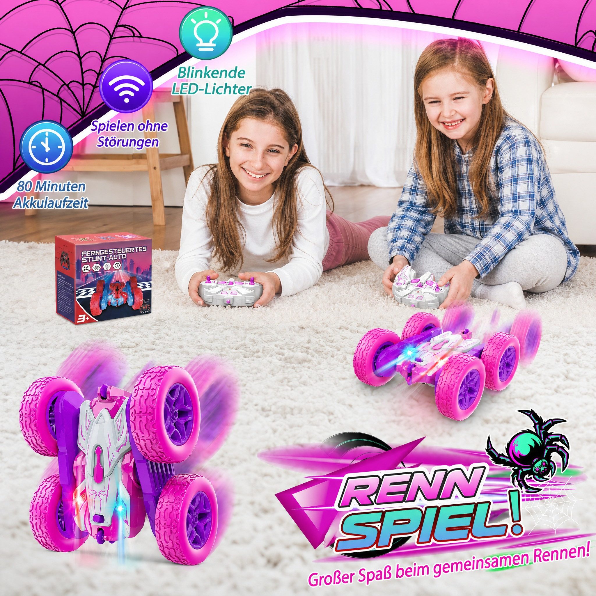 Wootoy RC-Auto RC Stunt Car 4WD Ferngesteuertes Auto Spielzeug-Auto mit 360°-Rotation (mit blinkenden LED-Lichtern 2,4-GHz-Fernsteuerung, 1-tlg., Spielzeit von bis zu 80 Minuten), Geeignet für Boden Teppich Rasen und Sand im Innen- und Außenbereich