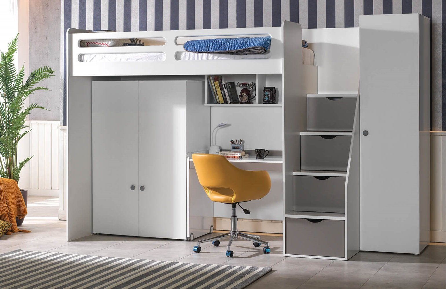 Hochbett inkl. Kleiderschrank Schreibtisch Smart und Treppenregal mit Etagenbett grau Möbel-Zeit