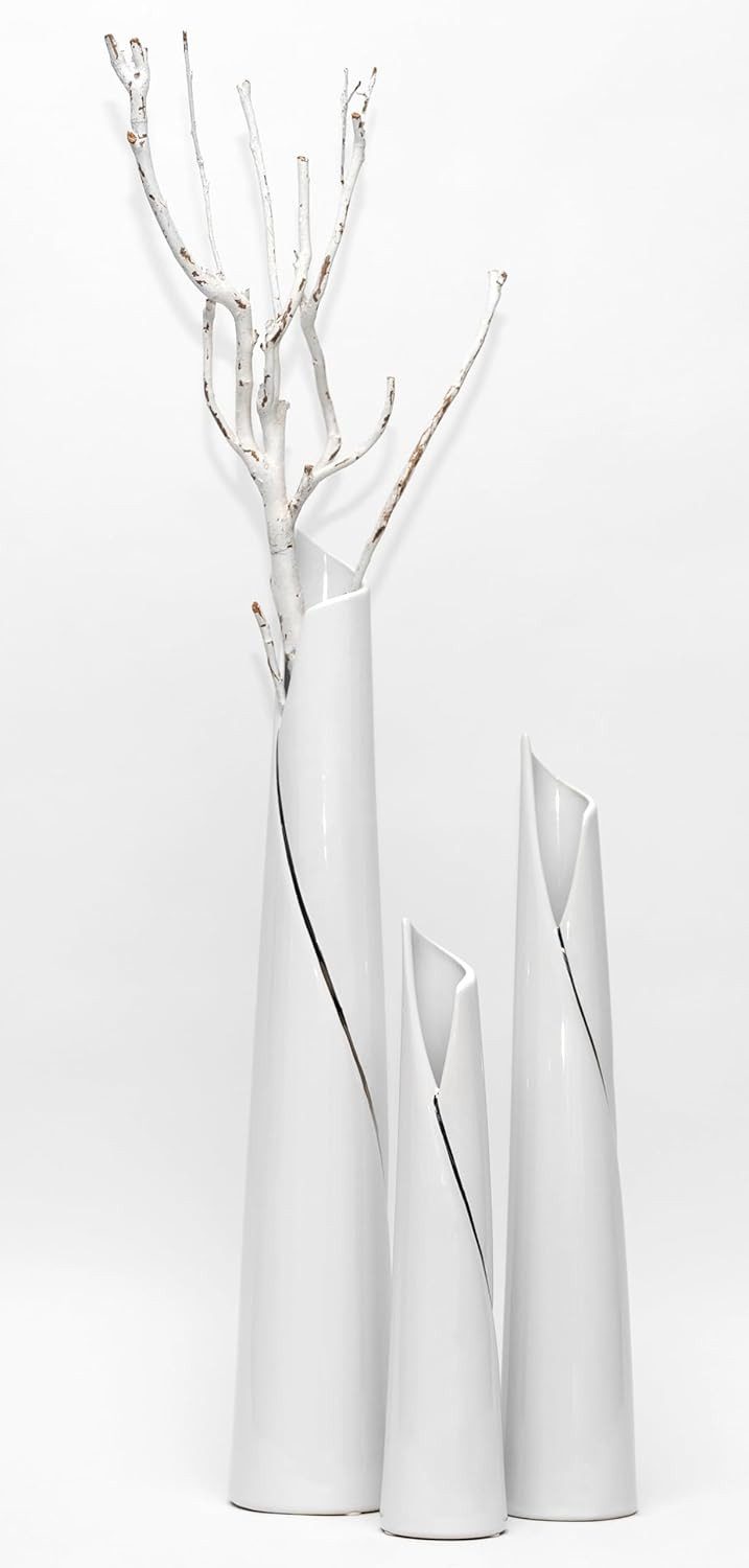 GlasArt Dekovase Blumenvase Vase Schlank weiß schlicht edel 30-50cm hoch, Wohnzimmer