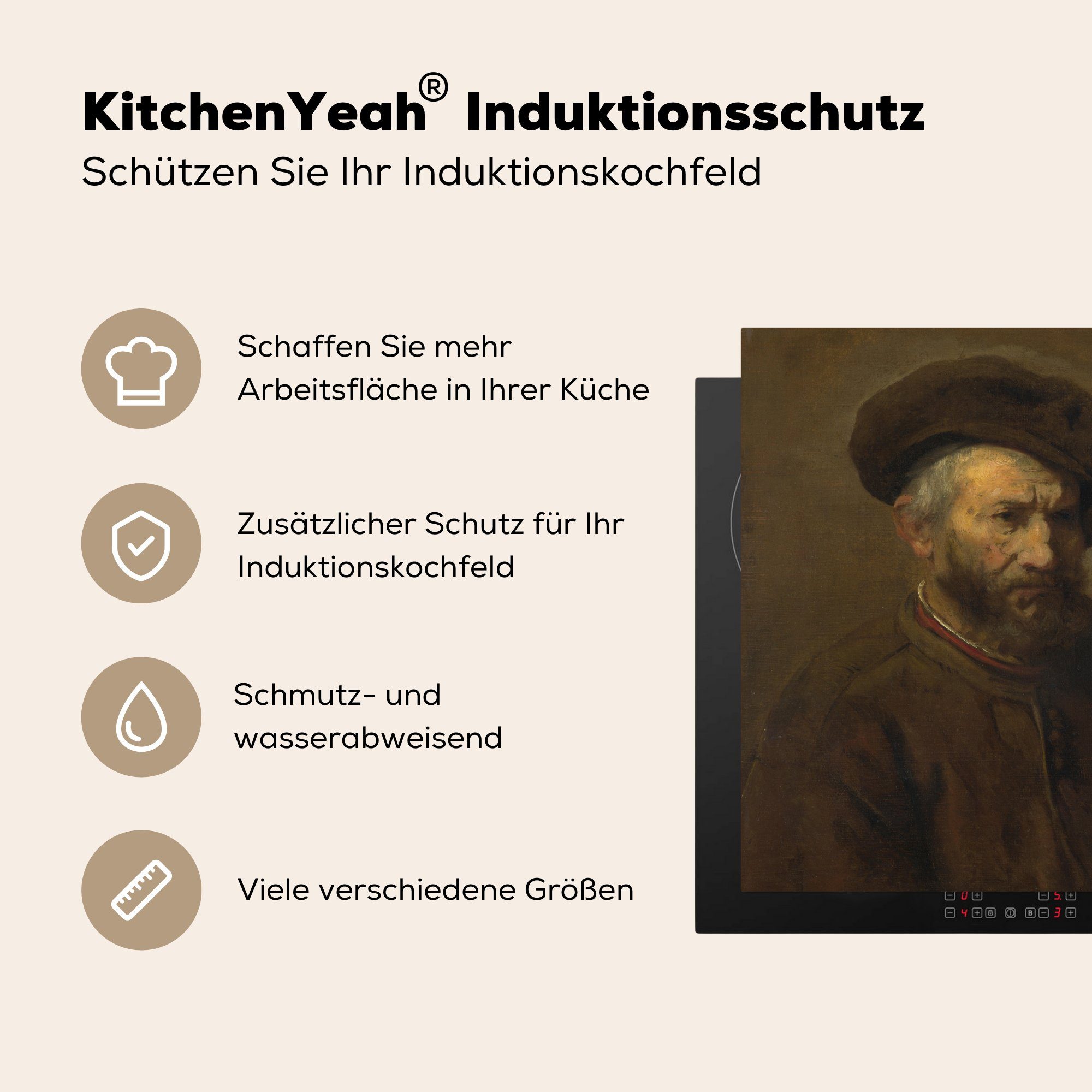 van MuchoWow Rijn, Selbstbildnis tlg), Vinyl, Rembrandt Ceranfeldabdeckung, küche von 78x78 Herdblende-/Abdeckplatte Gemälde cm, für Arbeitsplatte (1 -