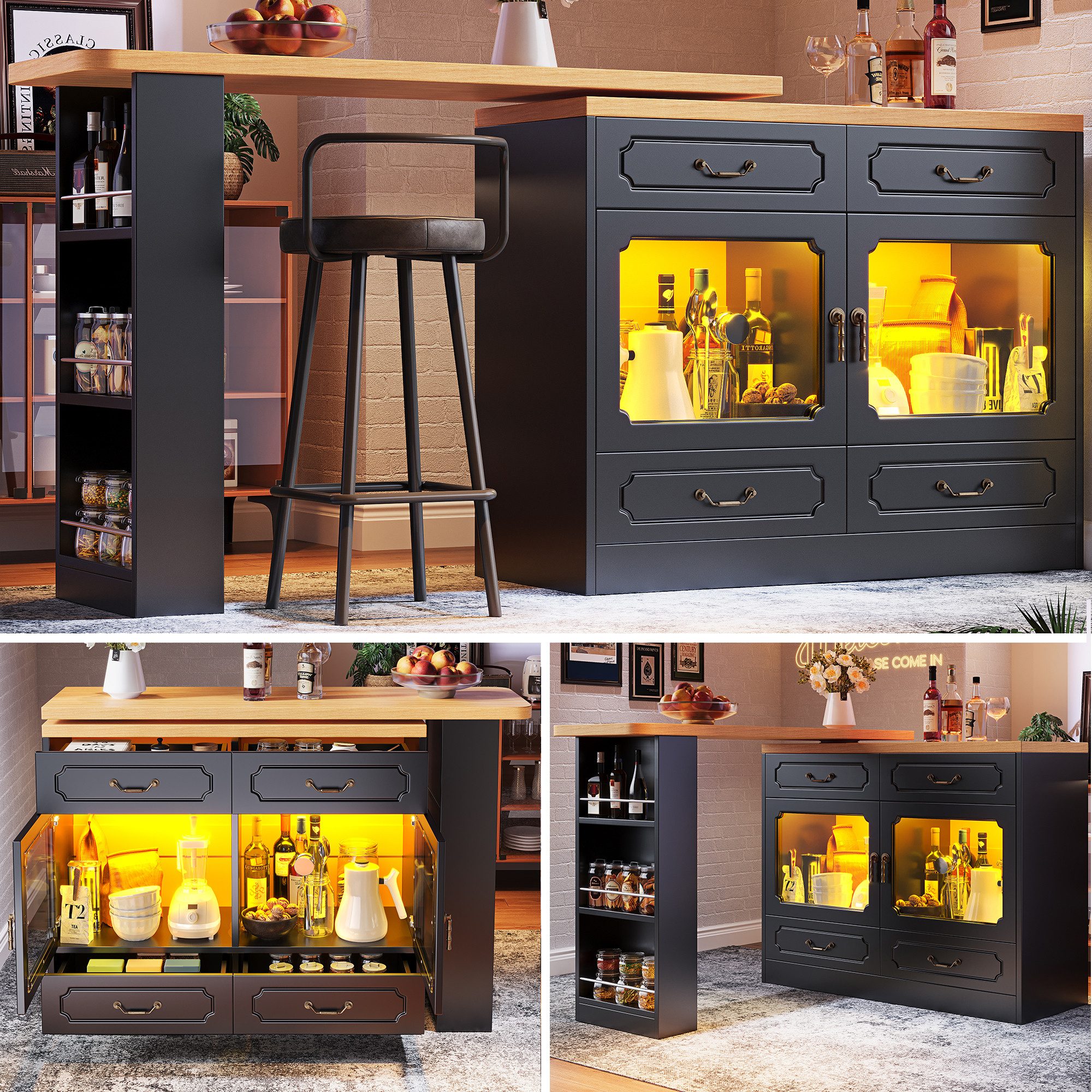 Fine Life Pro Sideboard Bar-Tisch schwarz, ausziehbar 135-203 cm, 360° drehbar, LED