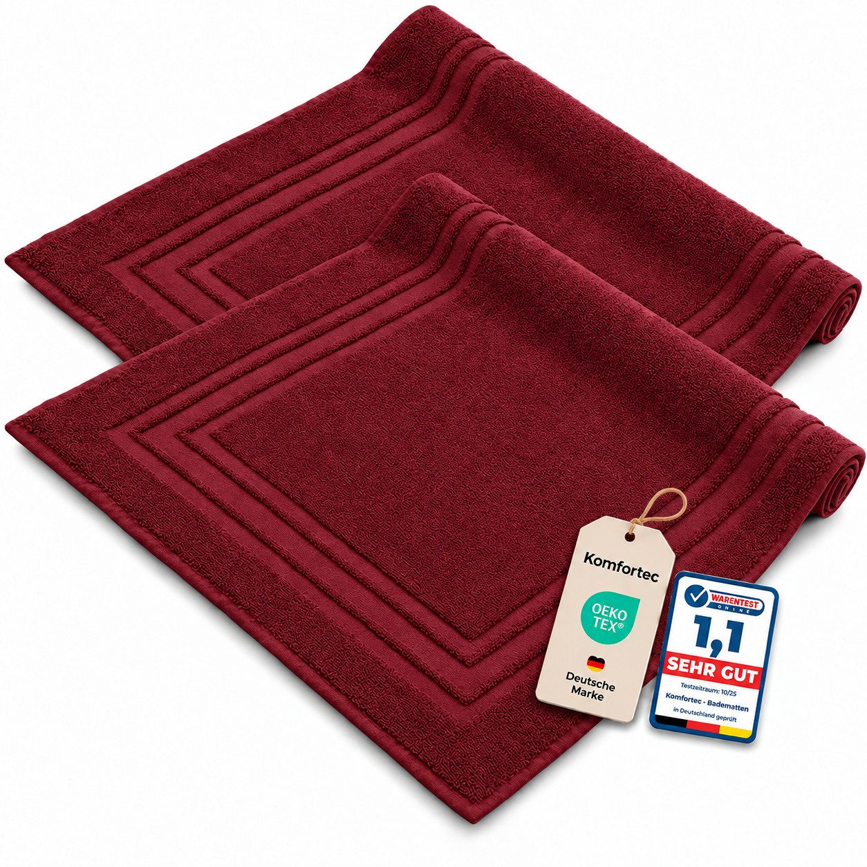 Komfortec Badematte 2er Badetuch Set aus 100% Baumwolle 50x70 cm Extra Weich & Saugstark, Rechteckig, 600 g/m²