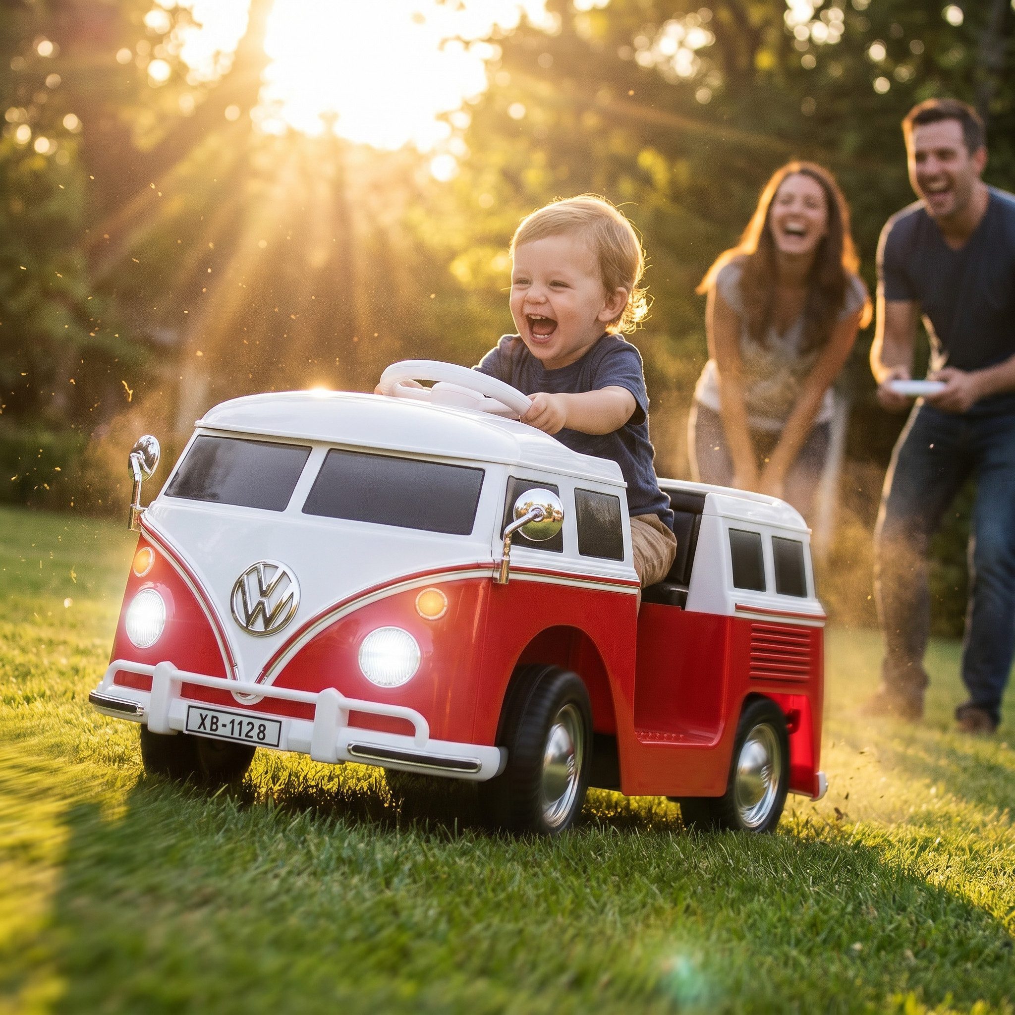 Elektro-Kinderauto VW T1 Camper Bus Fernbedienung & Bremsautomatik 3-5 km/h