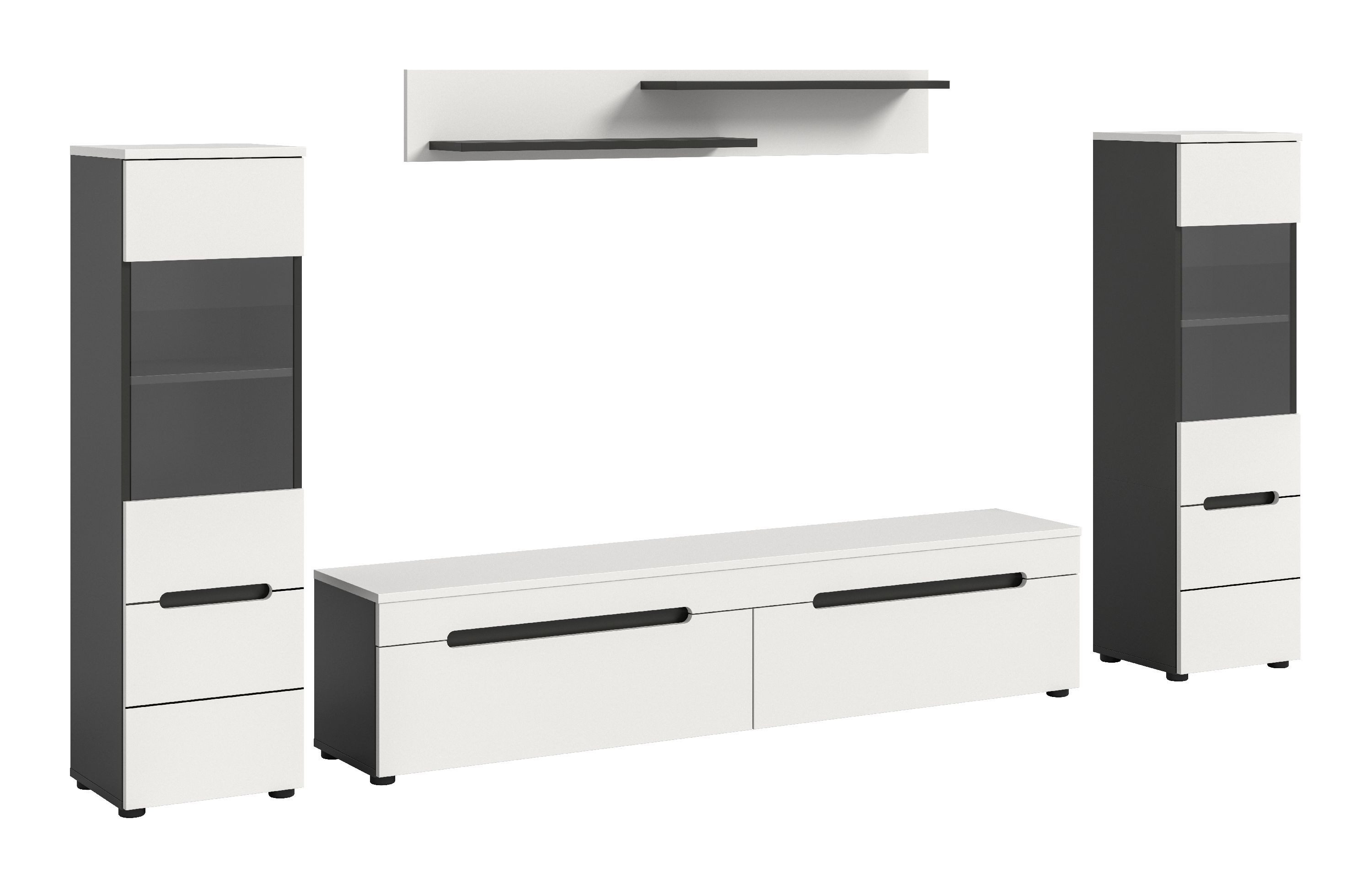 xonox.home Wohnwand Canu, (4tlg. Set inkl. Vitrine, Lowboard, Wandboard), Basalt grau Melamin beschichtet modern 272x141x33 cm