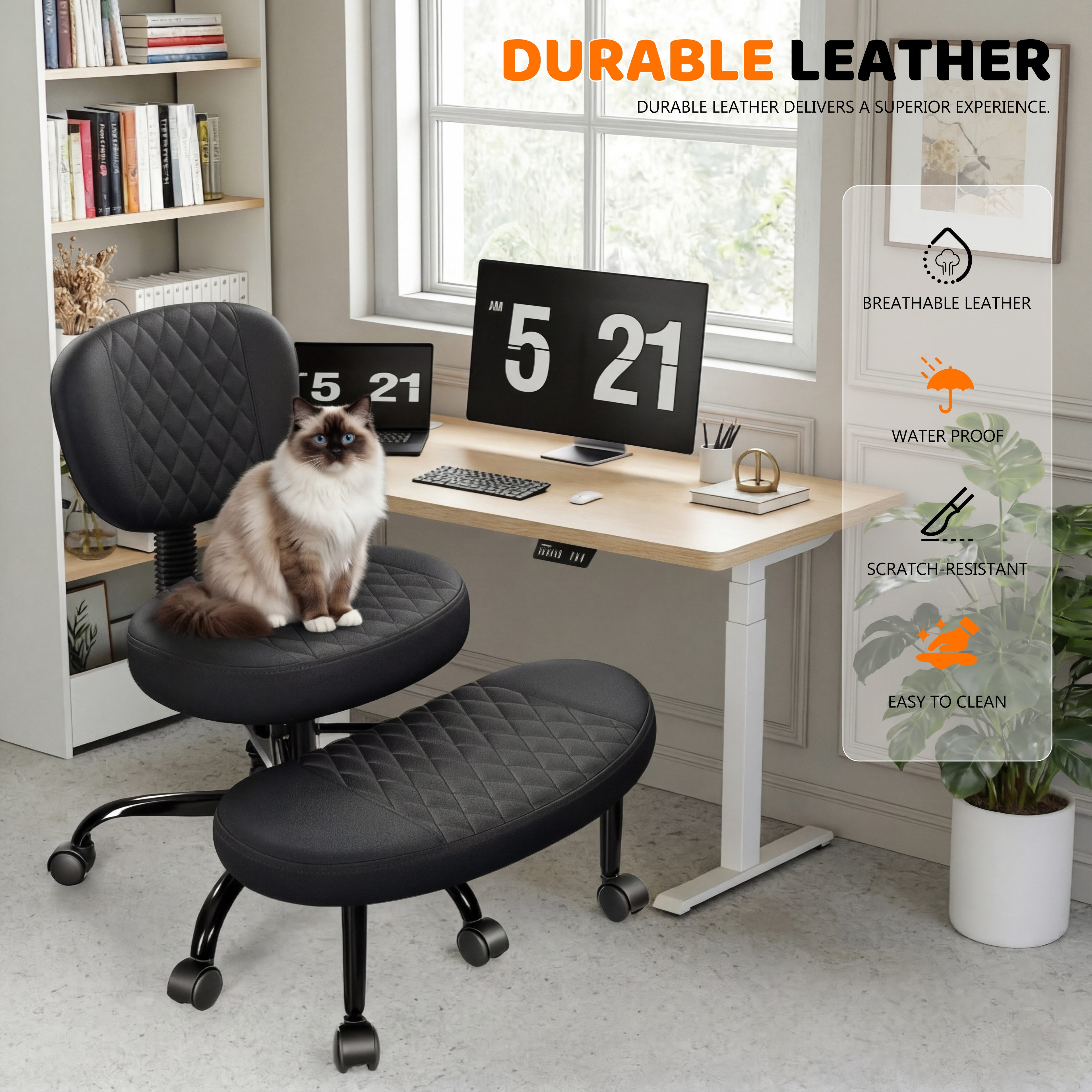 oyajia Polsterstuhl Bürostuhl mit höhenverstellbaren Rollen, Meditationsstuhl (mehrfach drehbarer Stuhl mit Beinschwenkfunktion), Ergonomisch,PU leather