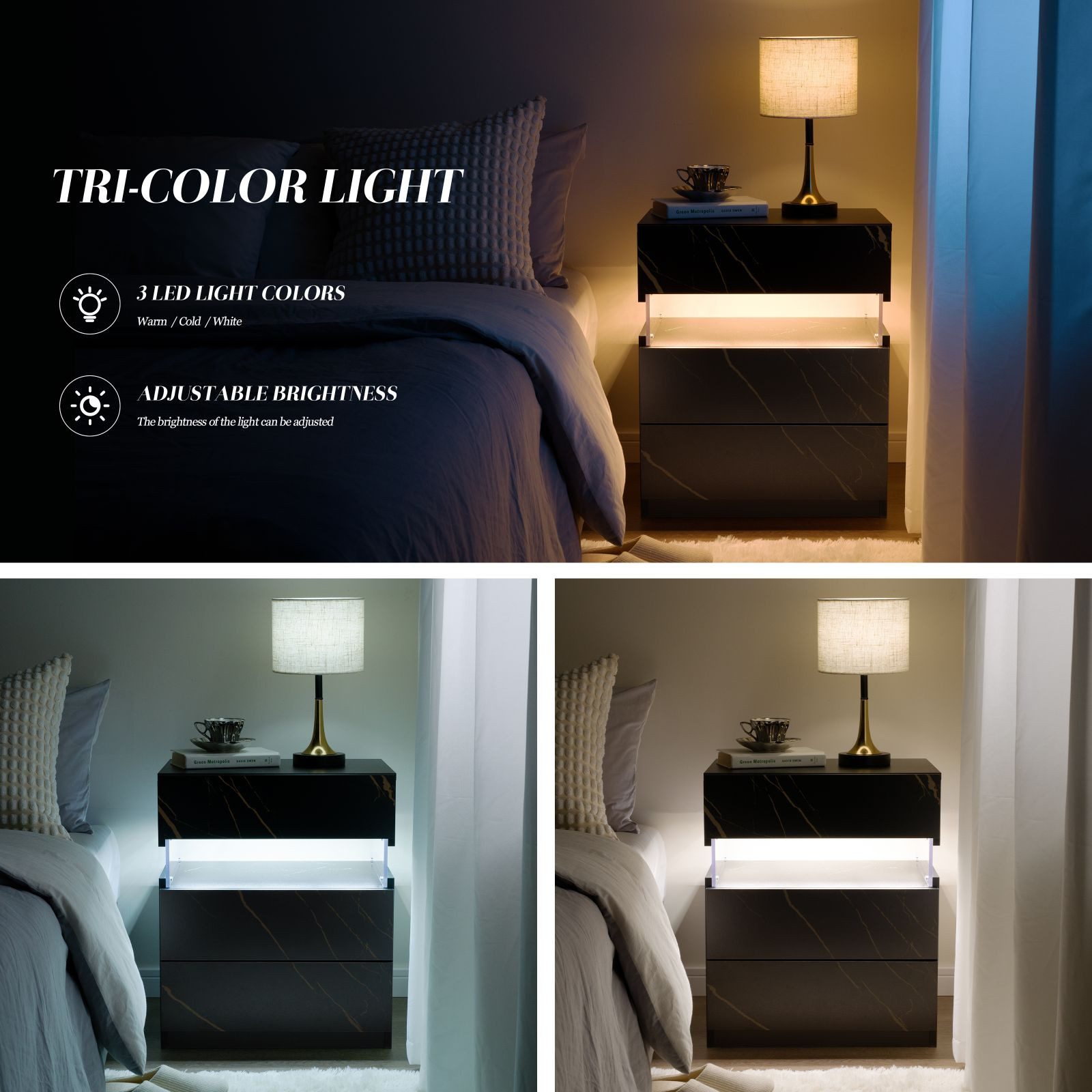 BlingBin Nachttisch LED Nachttisch mit 3 Schubladen Moderner Schlafzimmer-B günstig online kaufen