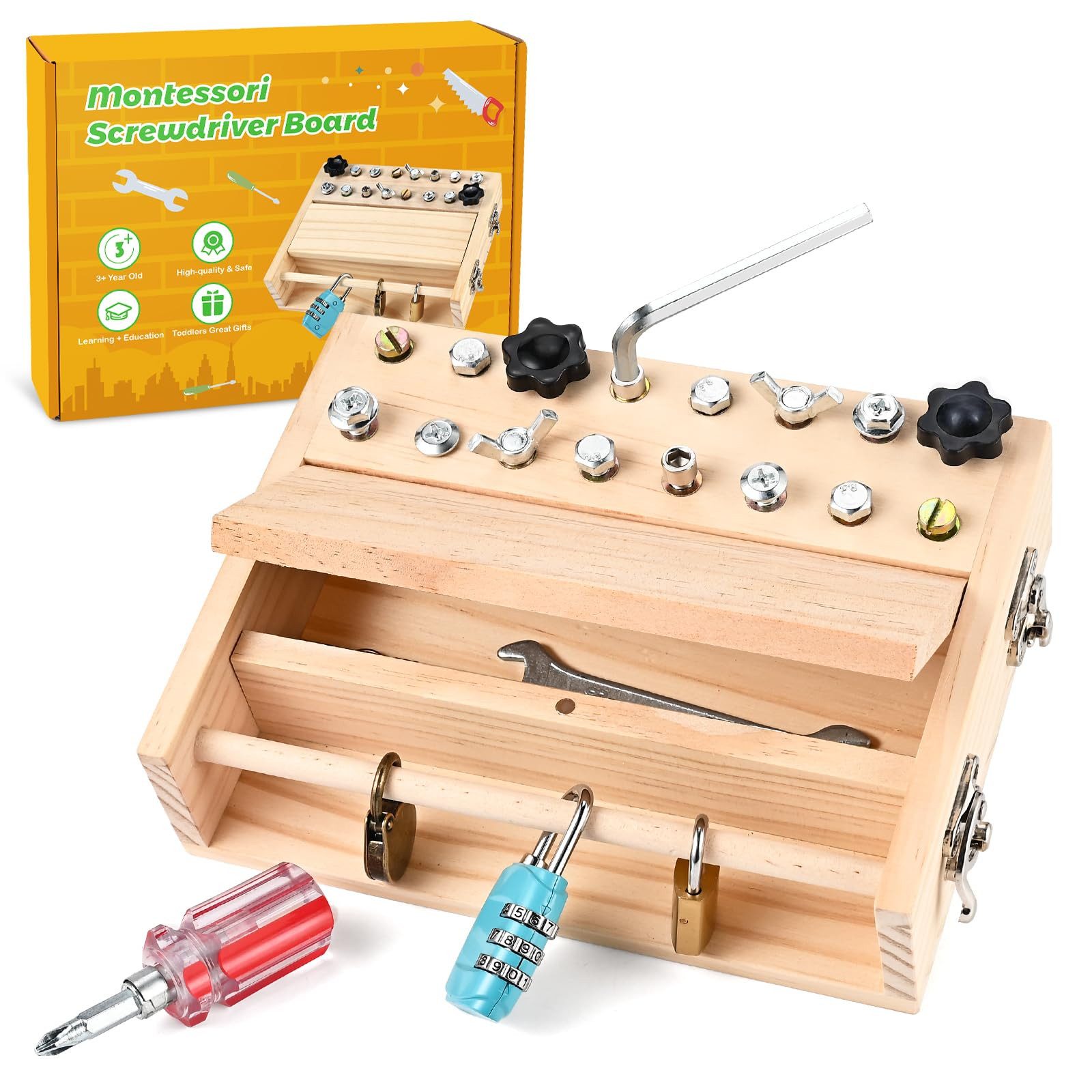 Kityhome Lernspielzeug Montessori Spielzeug Holz Schraubbrett,Schrauben, Werkzeug, Busy Board Holzspielzeug,Montessori-Schraubbrett