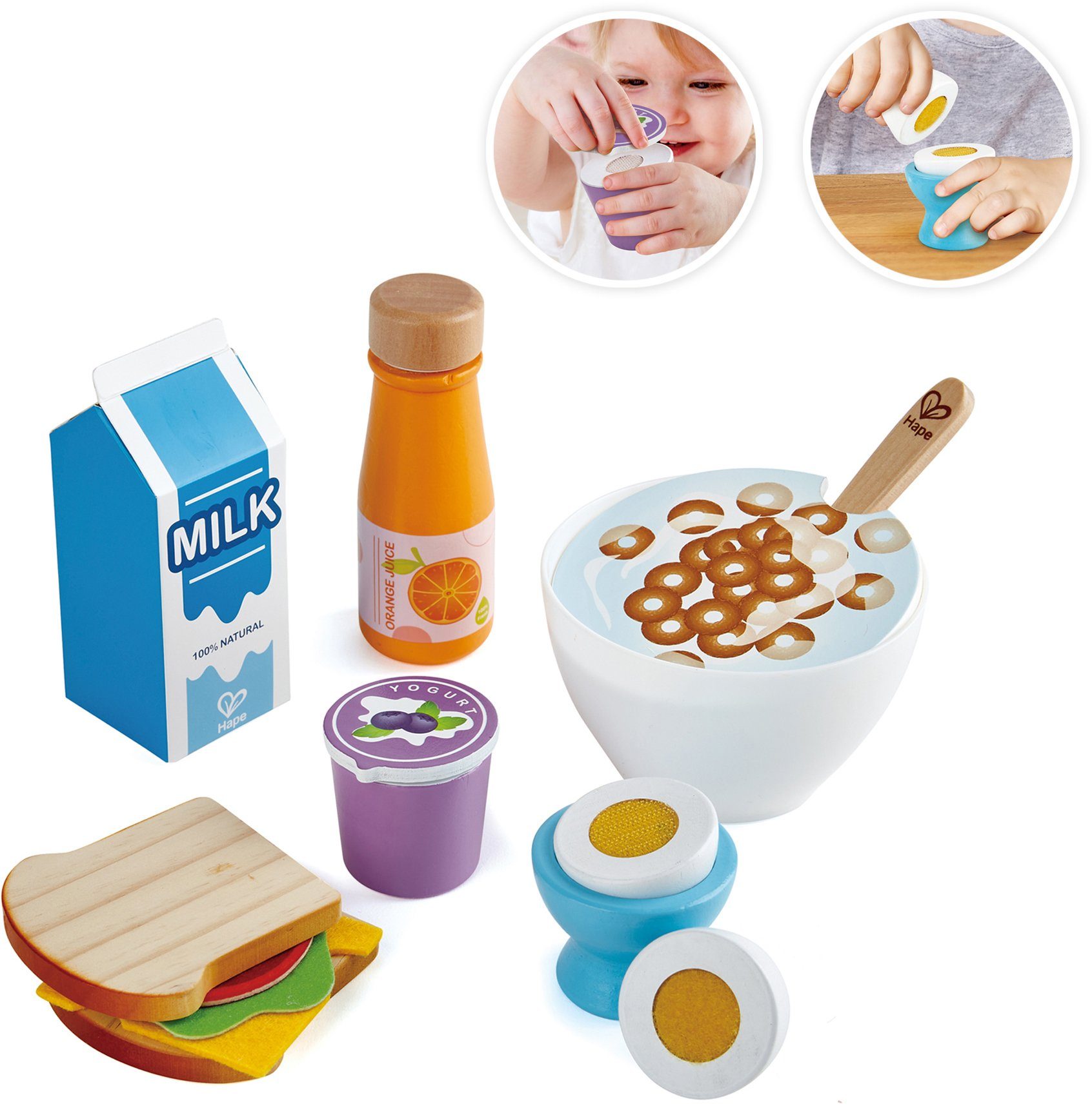 Hape Spiellebensmittel Holzspielzeug, Frühstücks-Set, aus Holz; für  Kaufladen oder Kinderküche
