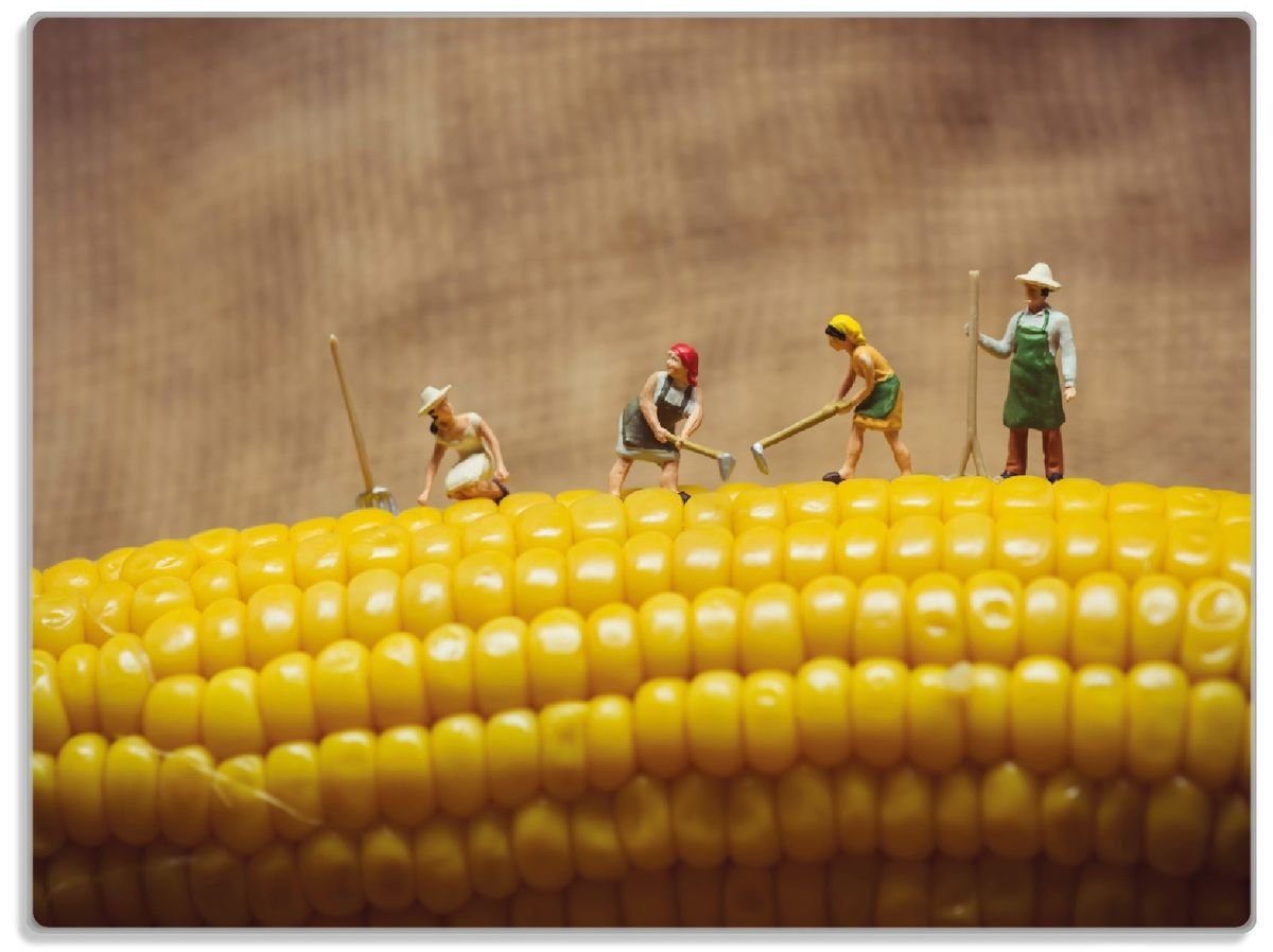 auf 30x40cm Bauernfiguren rutschfester Arbeiten, Maiskolben Gummifüße beim Lustige (inkl. ESG-Sicherheitsglas, 1-St), Schneidebrett 4mm, Wallario einem