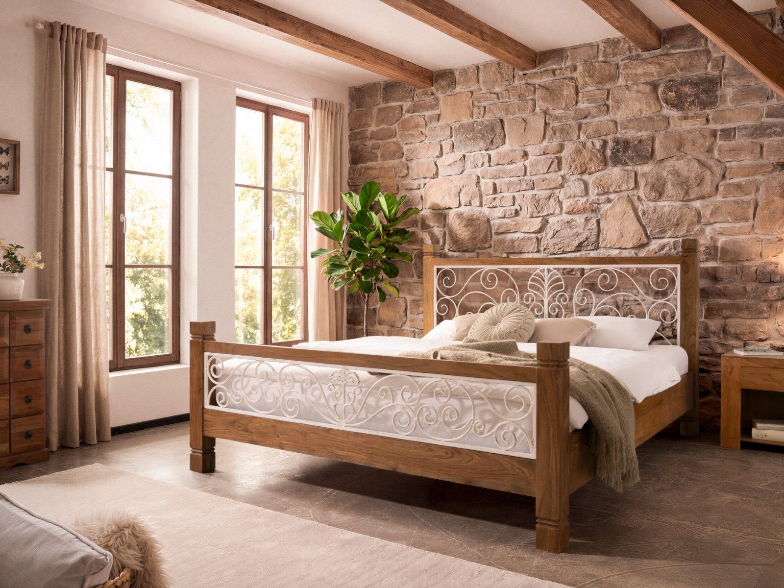 massivum Holzbett Tasmania Akazie Doppelbett mit Metall Landhausstil