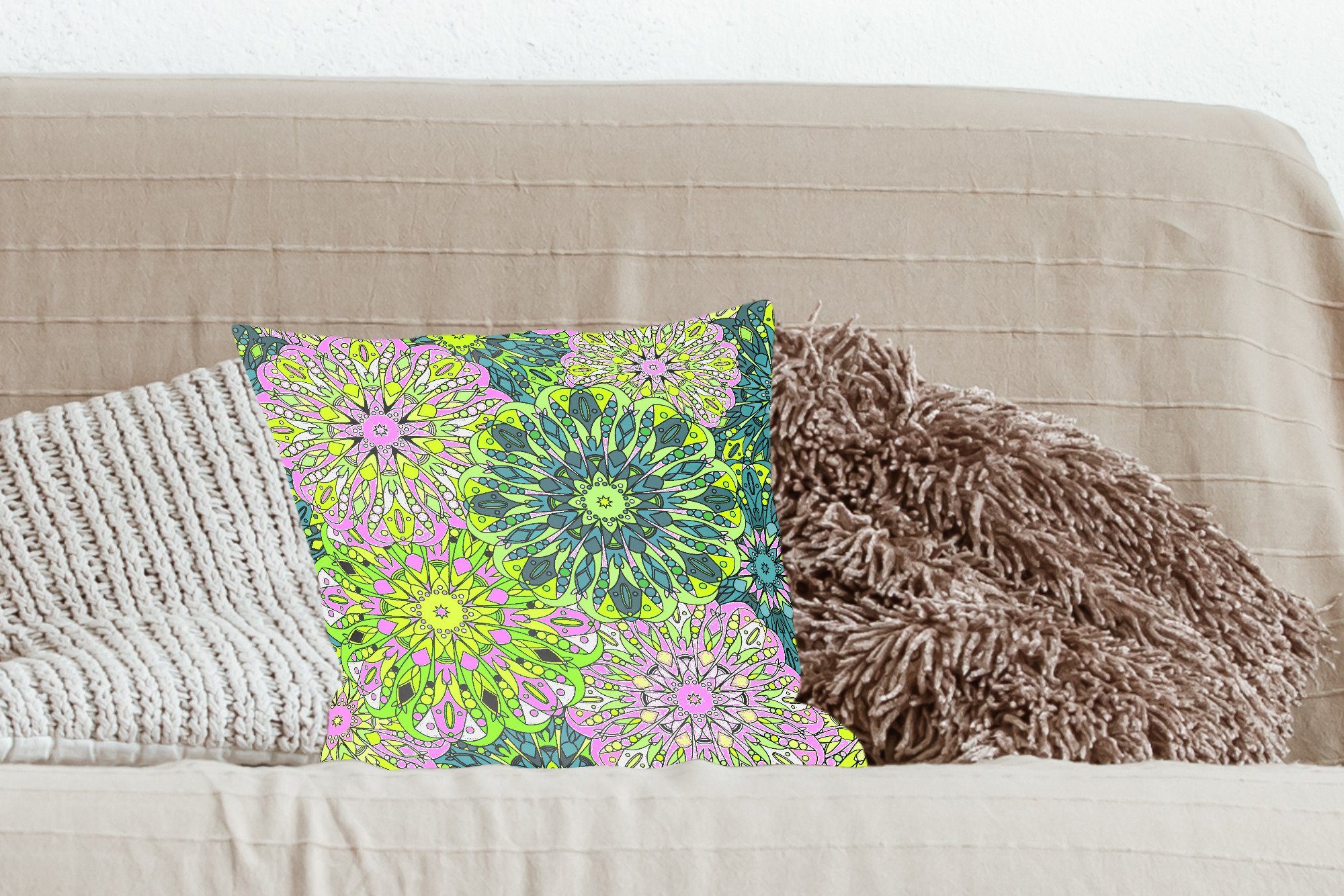 Mandala Zierkissen - Schlafzimmer, Wohzimmer, - Muster, für Dekokissen Deko, Füllung Sofakissen - MuchoWow Grün Limette mit