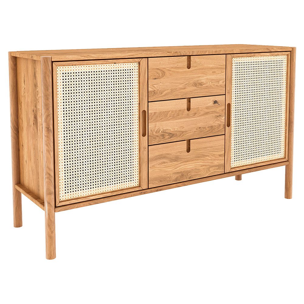 Lomadox Sideboard PORI-165, Eiche massiv geölt, 142 cm breit, Rattengeflecht, montierte Lieferung