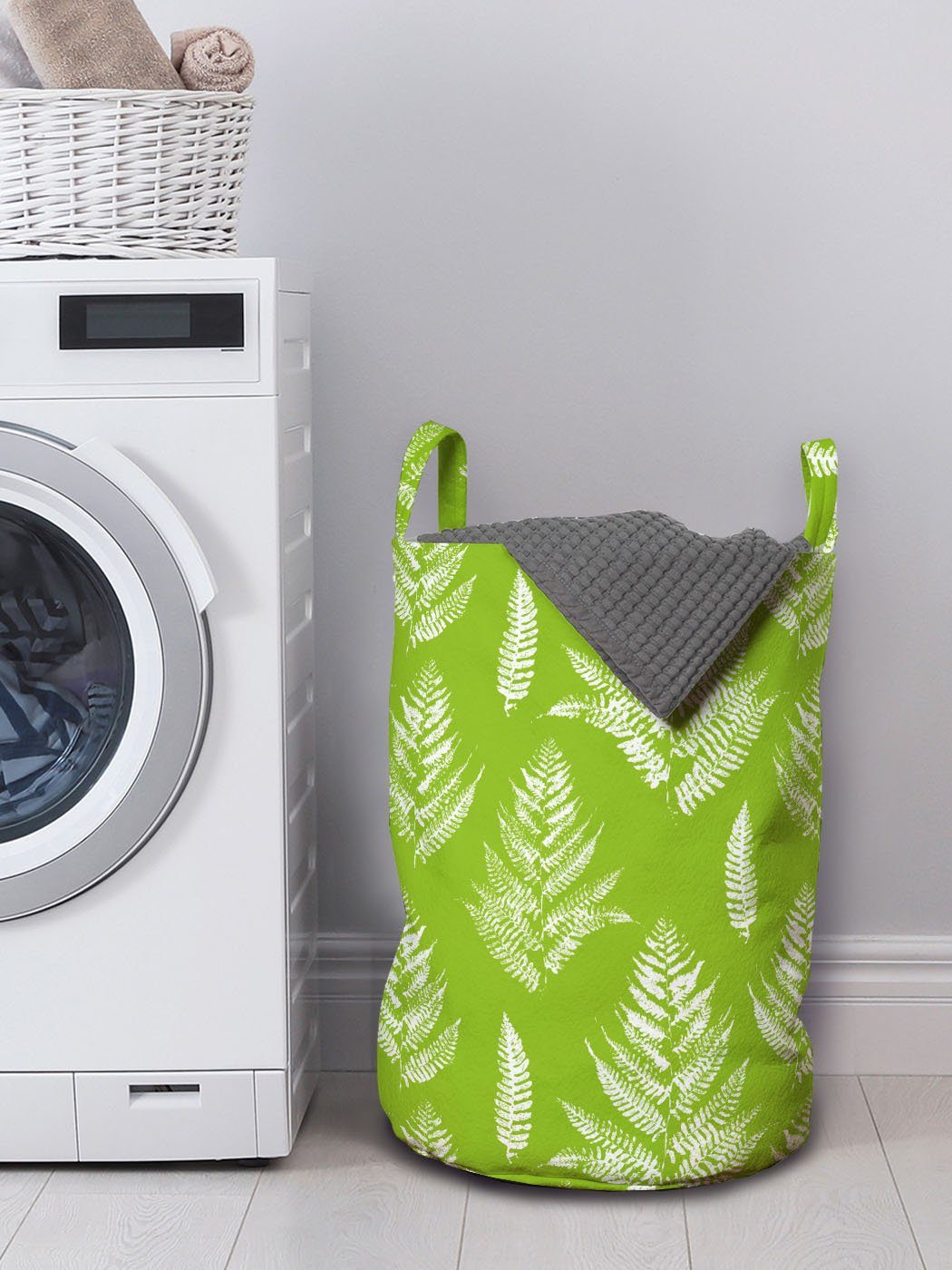 Waschsalons, mit Fern Wäschekorb Griffen Kräuter Kordelzugverschluss Abakuhaus Blätter Farben-Flecken Wäschesäckchen mit für