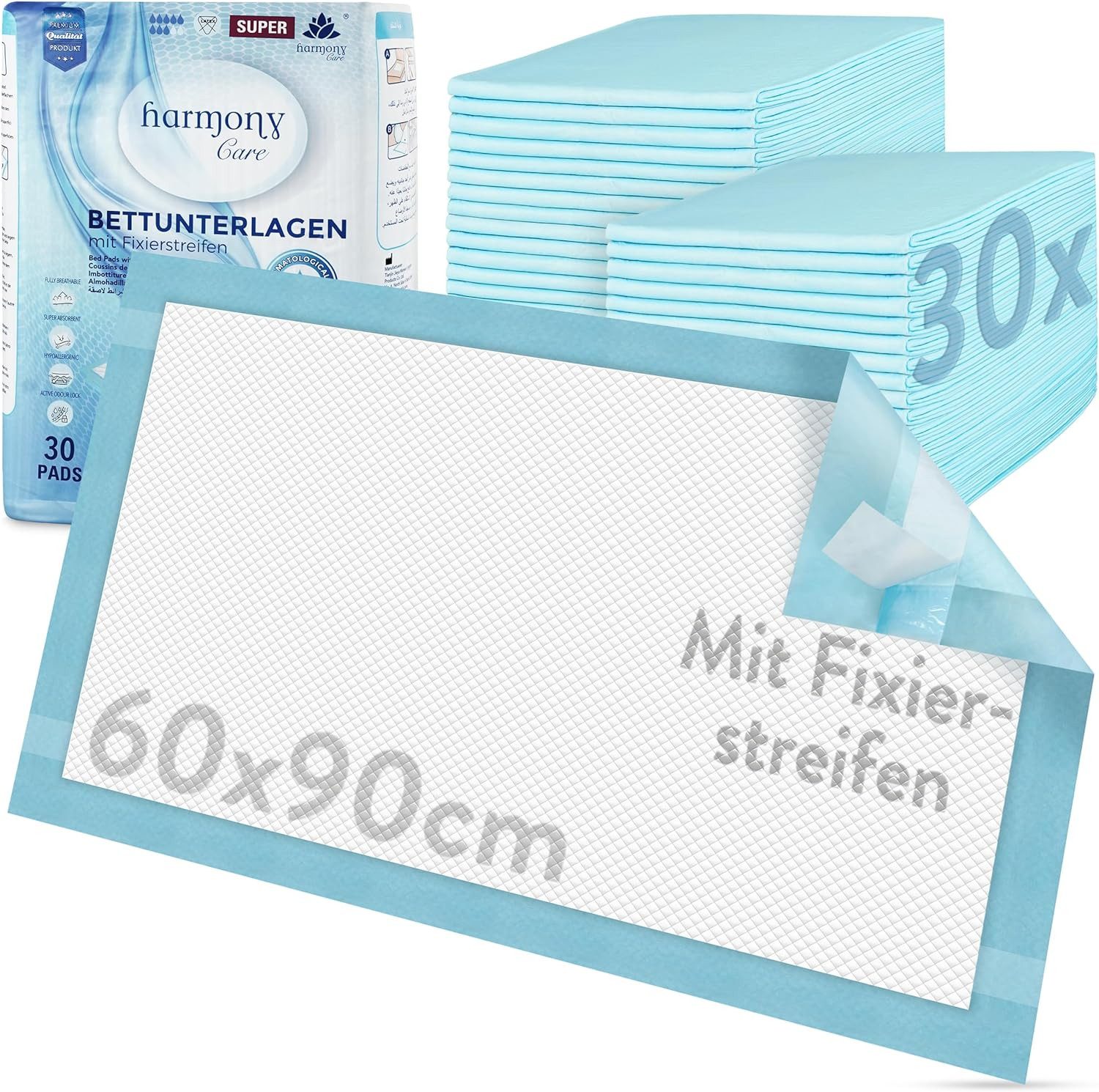 Inkontinenzauflage Bettunterlage mit Fixierstreifen, saugstarke Krankenunterlagen Harmony Care, rutschfeste Inkontinenzunterlagen einweg Nässeschutzauflage