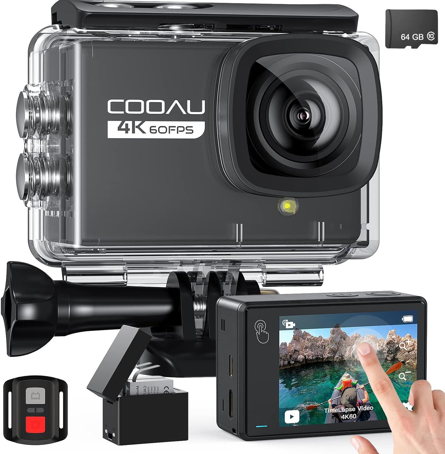 COOAU Action Cam 4K 24MP 40M Wasserdicht Unterwasserkamera Action Cam (4K Ultra HD, WLAN (Wi-Fi), mit 64G SD Karte, Touchscreen Videokamera, 170°Weitwinkel, 2X1350 mAh Akkus, WiFi, 2.4G Fernsteuerung, externem Mikrofon)