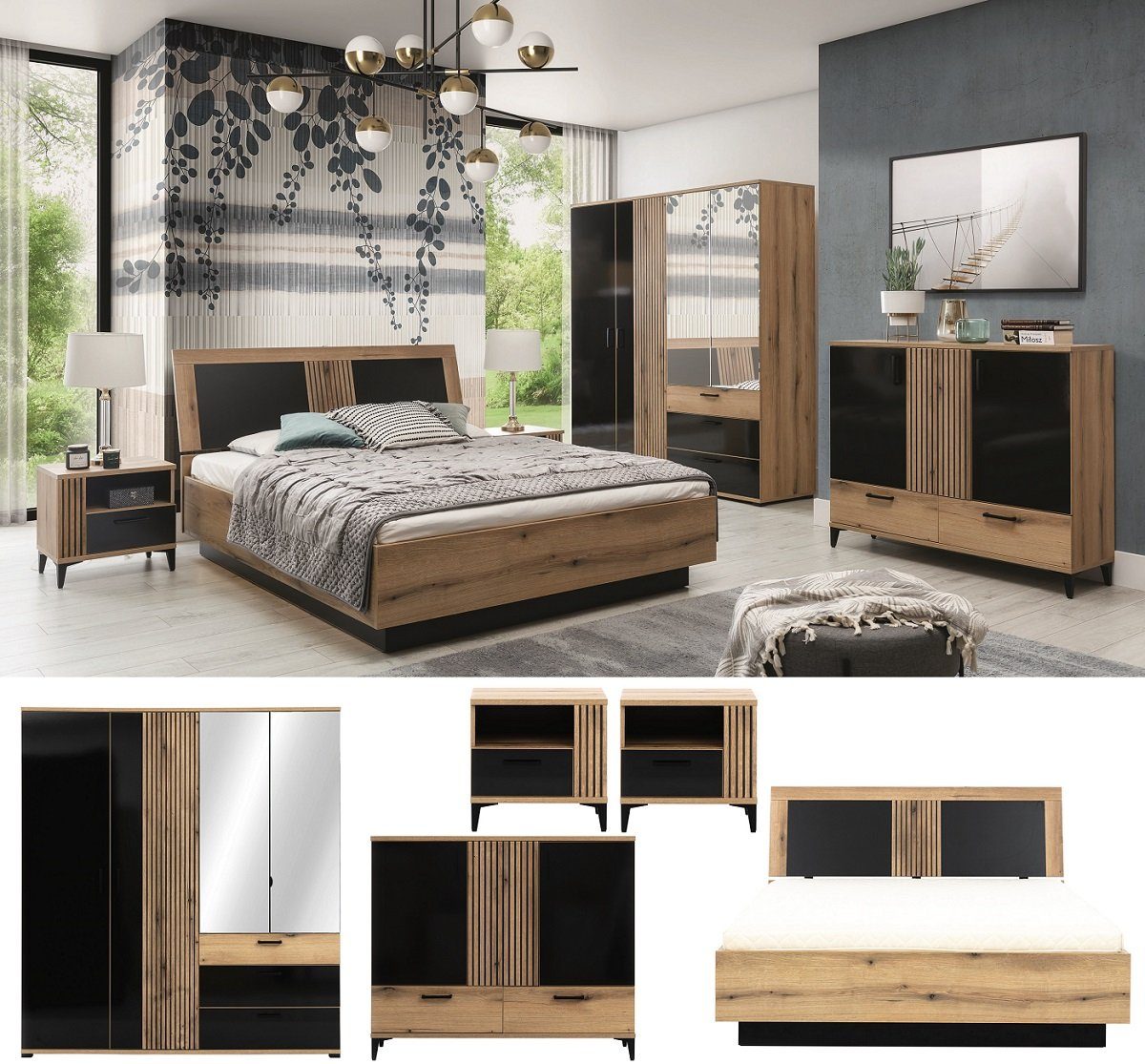 Schlafzimmer-Set Schlafzimmer Aria Set B Bett Schrank Nachttische Kommode LED