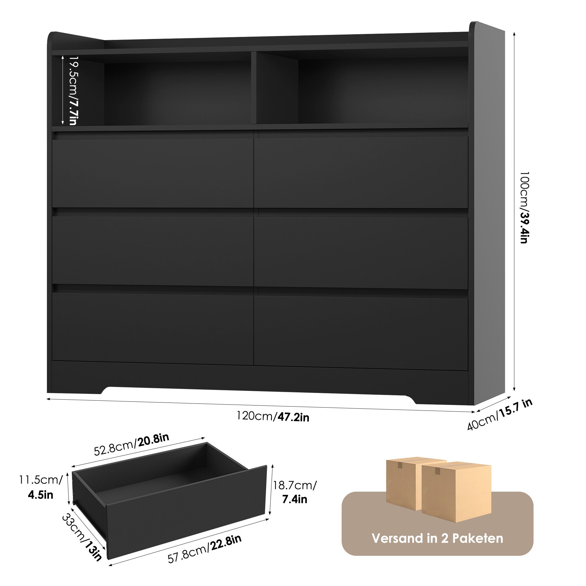 Homfa Kommode Sideboard Komodenschrank, mit 6 Schubladen und 2 offenen Fächern, Breite 120cm Höhe 100cm