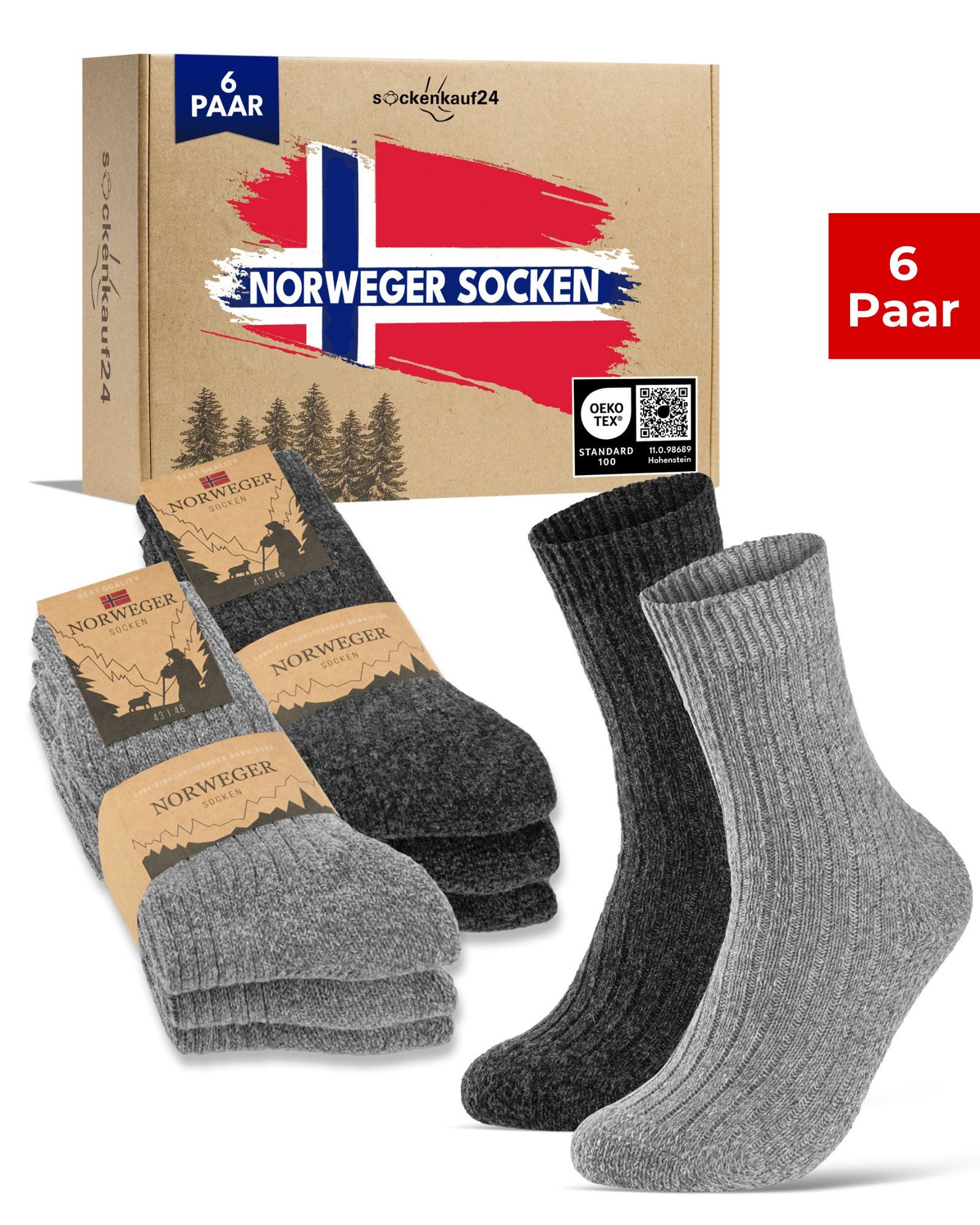 sockenkauf24 Norwegersocken Wintersocken warme Wollsocken Damen & Herren (Grau/Anthrazit, 6-Paar, 39-42) gepolsterte Frotteesohle - 20100