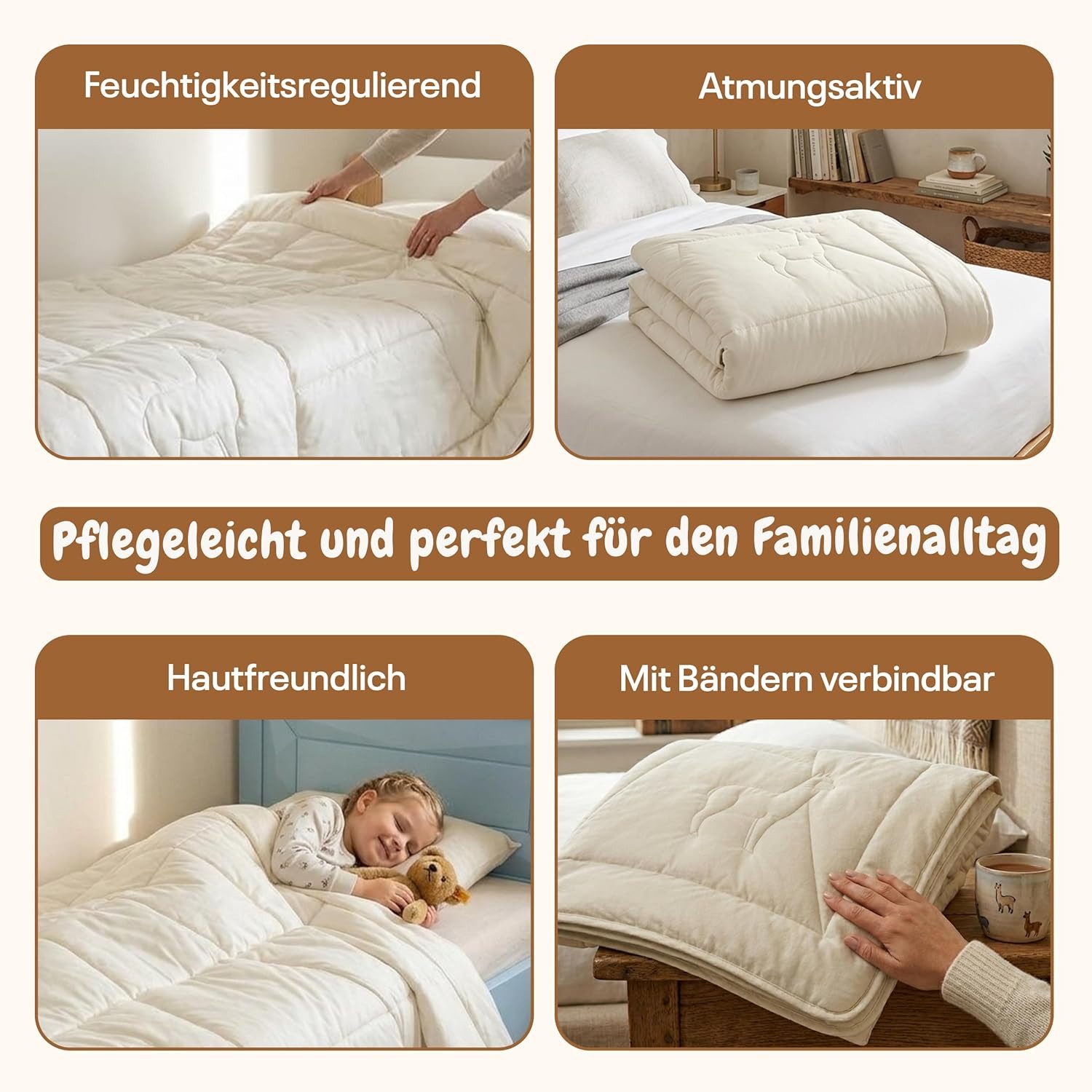 geborgenschlafen Naturhaarbettdecke 135x200 cm Ganzjahres-Bettdecke Alpaka – Wärmeregulierend, Füllung: 100% Alpakawolle, 100 % Alpakawolle, Nachhaltige Handarbeit, Kombinierbar durch Bändchen