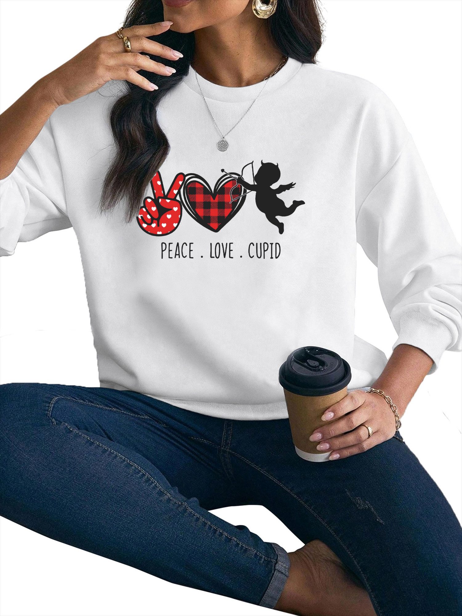 PYLIKE Rundhalspullover Damen Langarm Sweatshirt mit Valentinstag Print,Loc günstig online kaufen