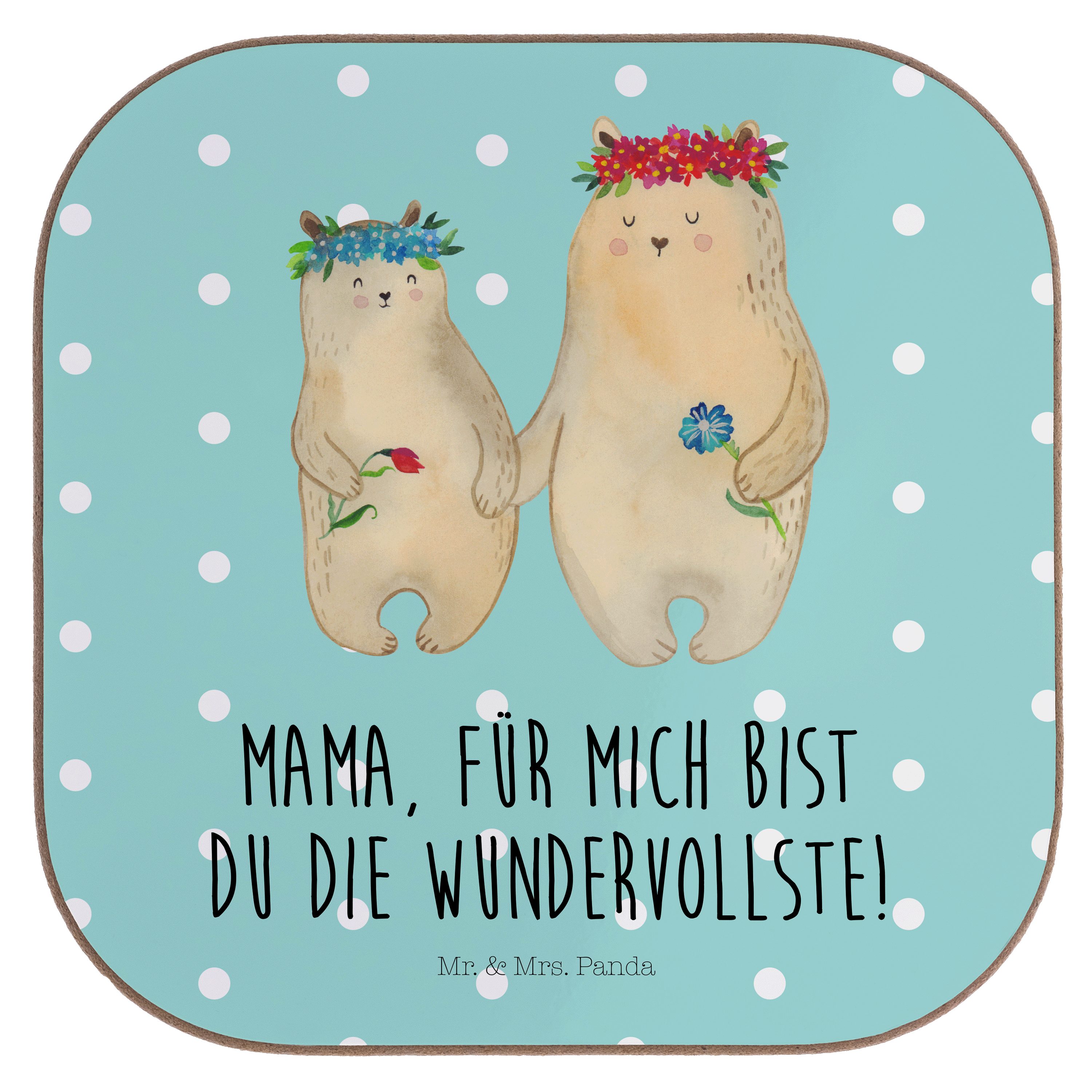 Mr. & Mrs. Panda Getränkeuntersetzer Bären mit Blumenkranz - Türkis Pastell - Geschenk, Freundinnen, Kind, 1-tlg.