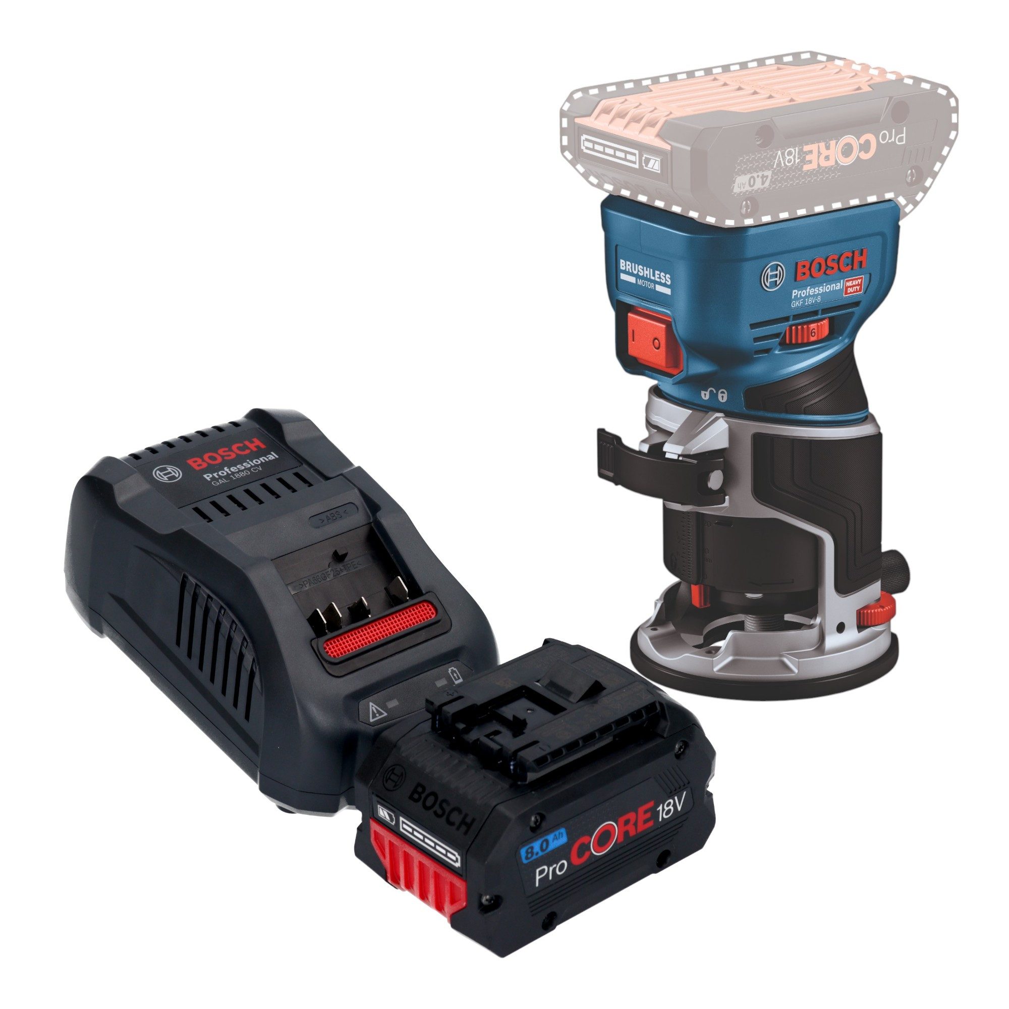 Bosch Professional Oberfräse GKF 18V-8 Professional 18 V + 1x ProCORE Akku 8,0 Ah + Ladegerät