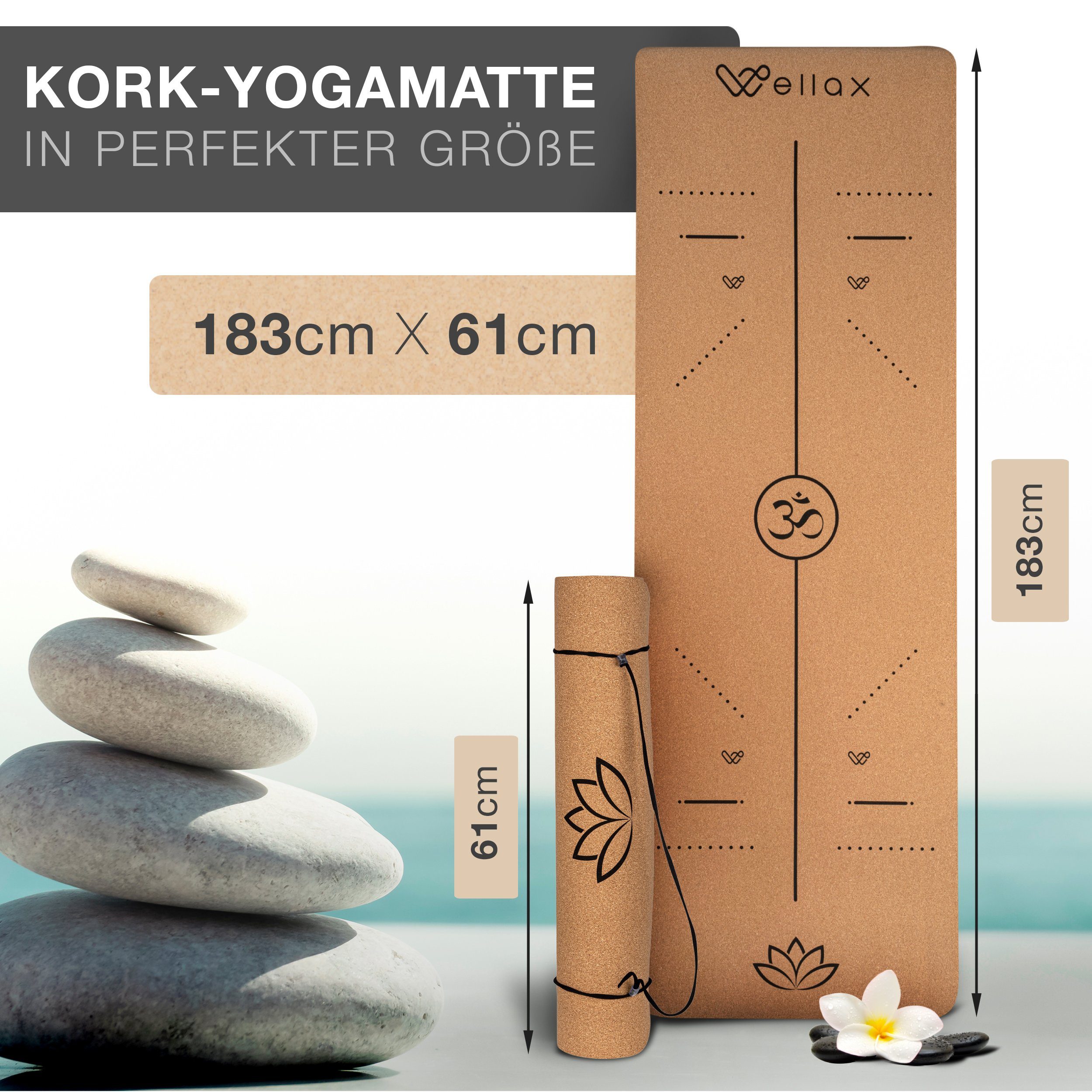 Wellax Yogamatte aus Kork - 100% natürliche Yogamatte, besonders dicke Sportmatte inkl. Tragegurt
