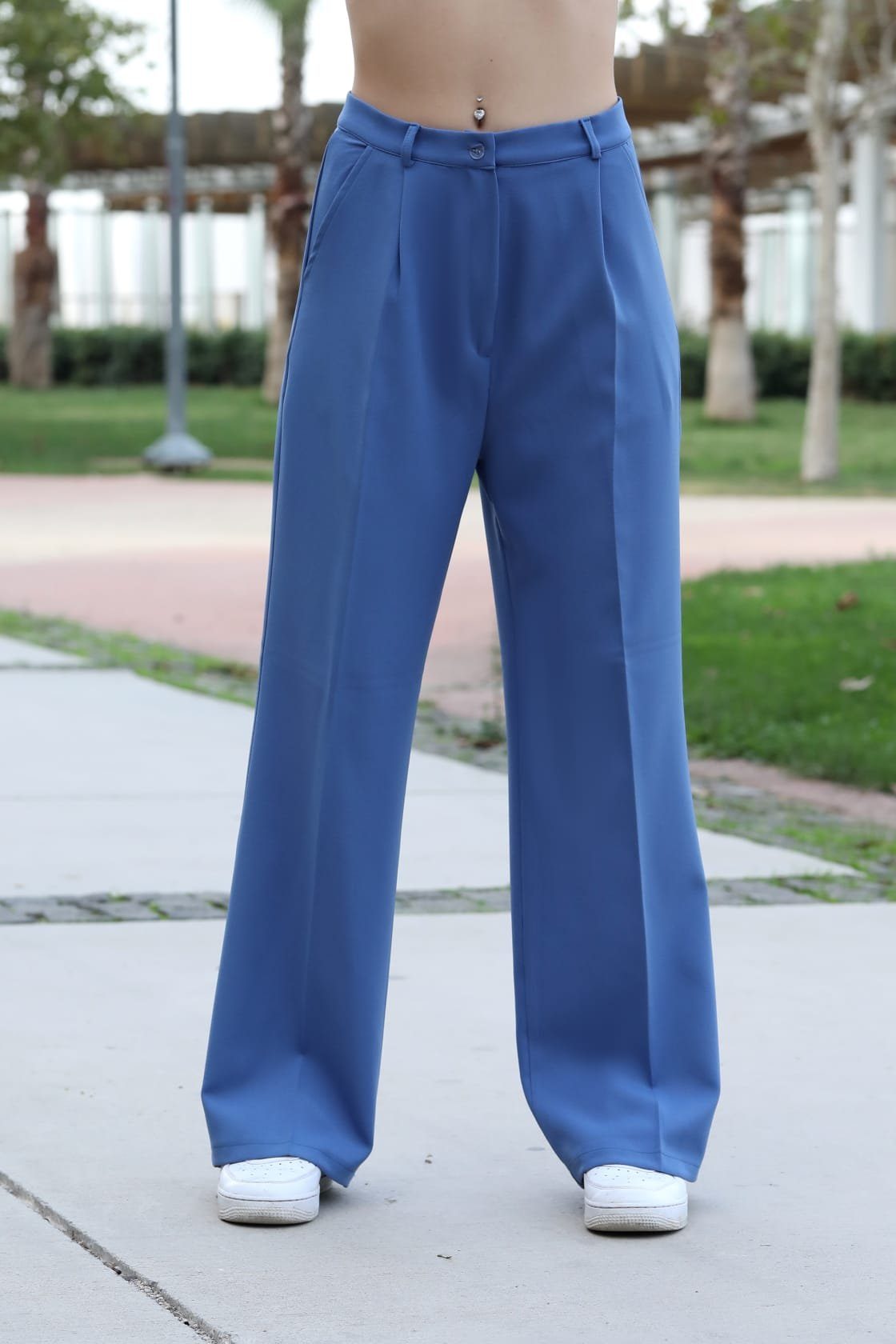 Modavitrini Palazzohose Weite Damen Hose Lässig Locker lange Hose elegant sportlich Hohe Taille, 10 Farben Indigo-Blau