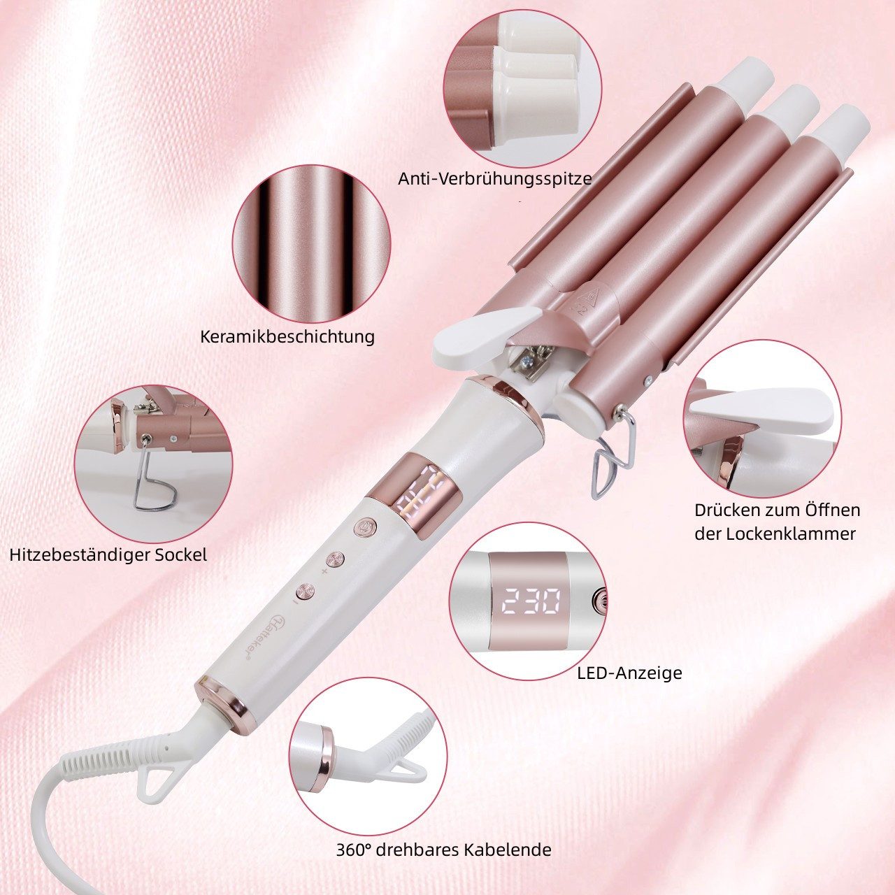 Scttomon Lockenstab HT-128 3-Lauf-Lockenstab, Keramik-Beschichtung, Lockenstab mit 25mm, 80°C-230°C