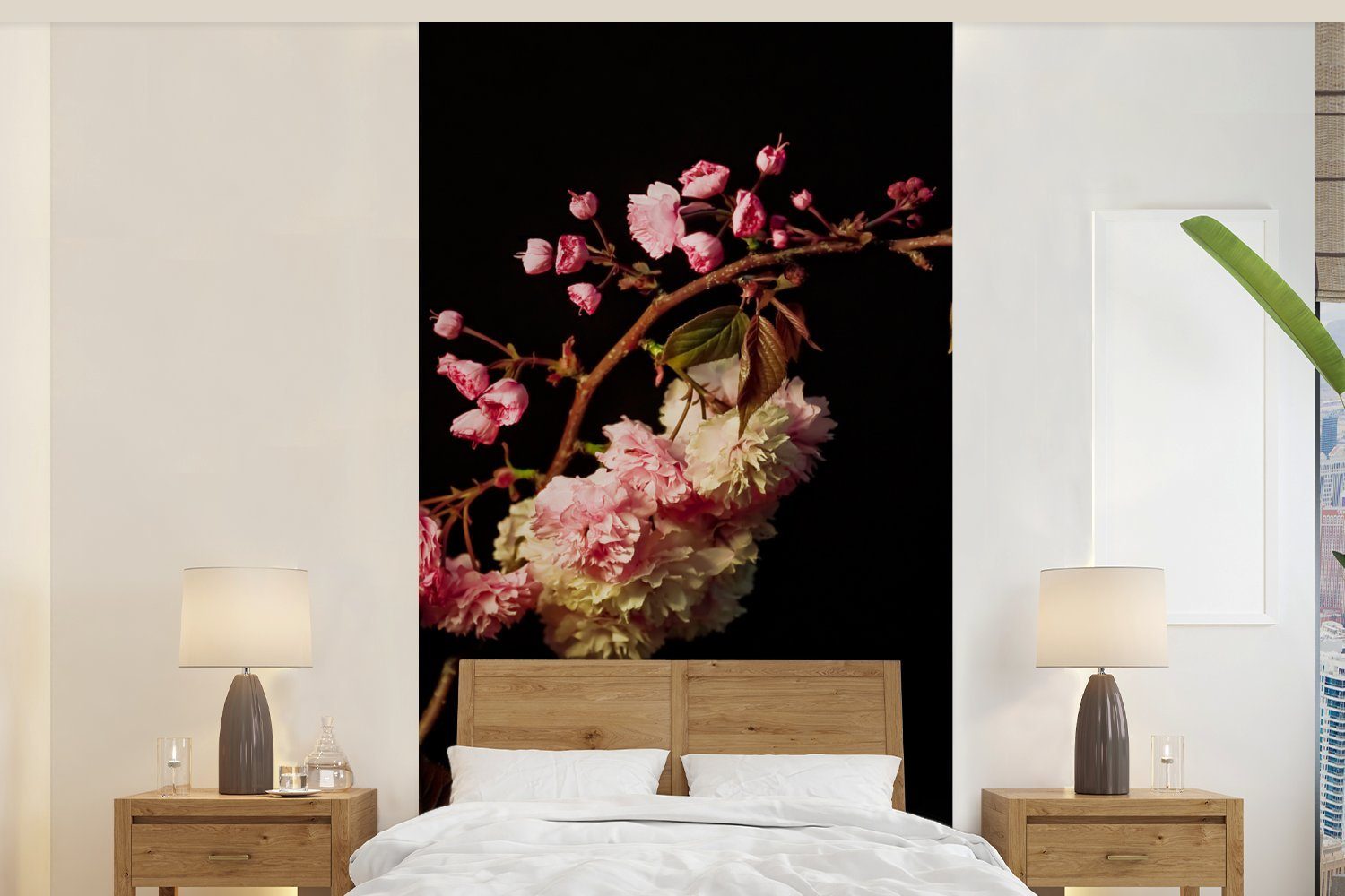 MuchoWow Fototapete Eine Kirschblüte vor schwarzem Hintergrund, Matt, bedruckt, (2 St), Vliestapete für Wohnzimmer Schlafzimmer Küche, Fototapete