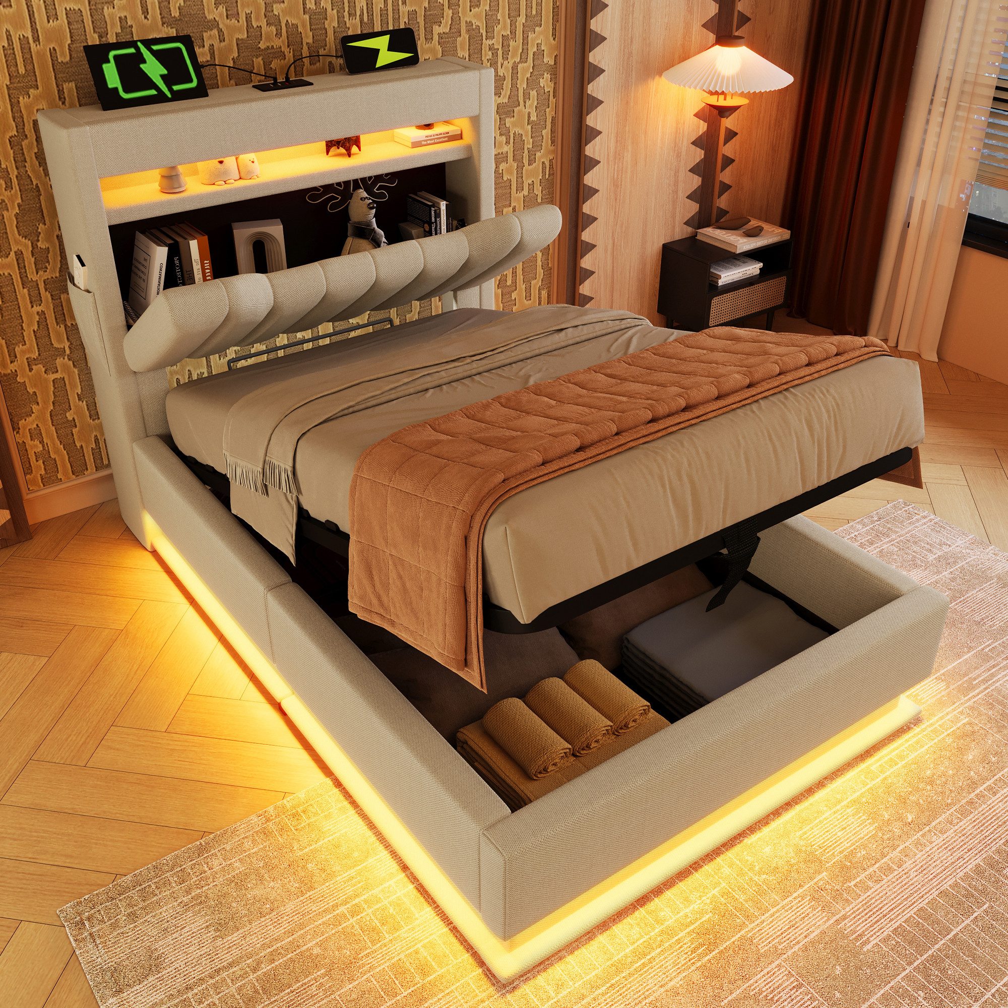 REDOM Polsterbett Bequeme Betten mit Stauraum und LED-Beleuchtung (Struraumbett, Funktionsbett, 90x200 cm, ohne Matratze, Beige), mit USB- und Typ-C-Anschlüssen, LED-Beleuchtung