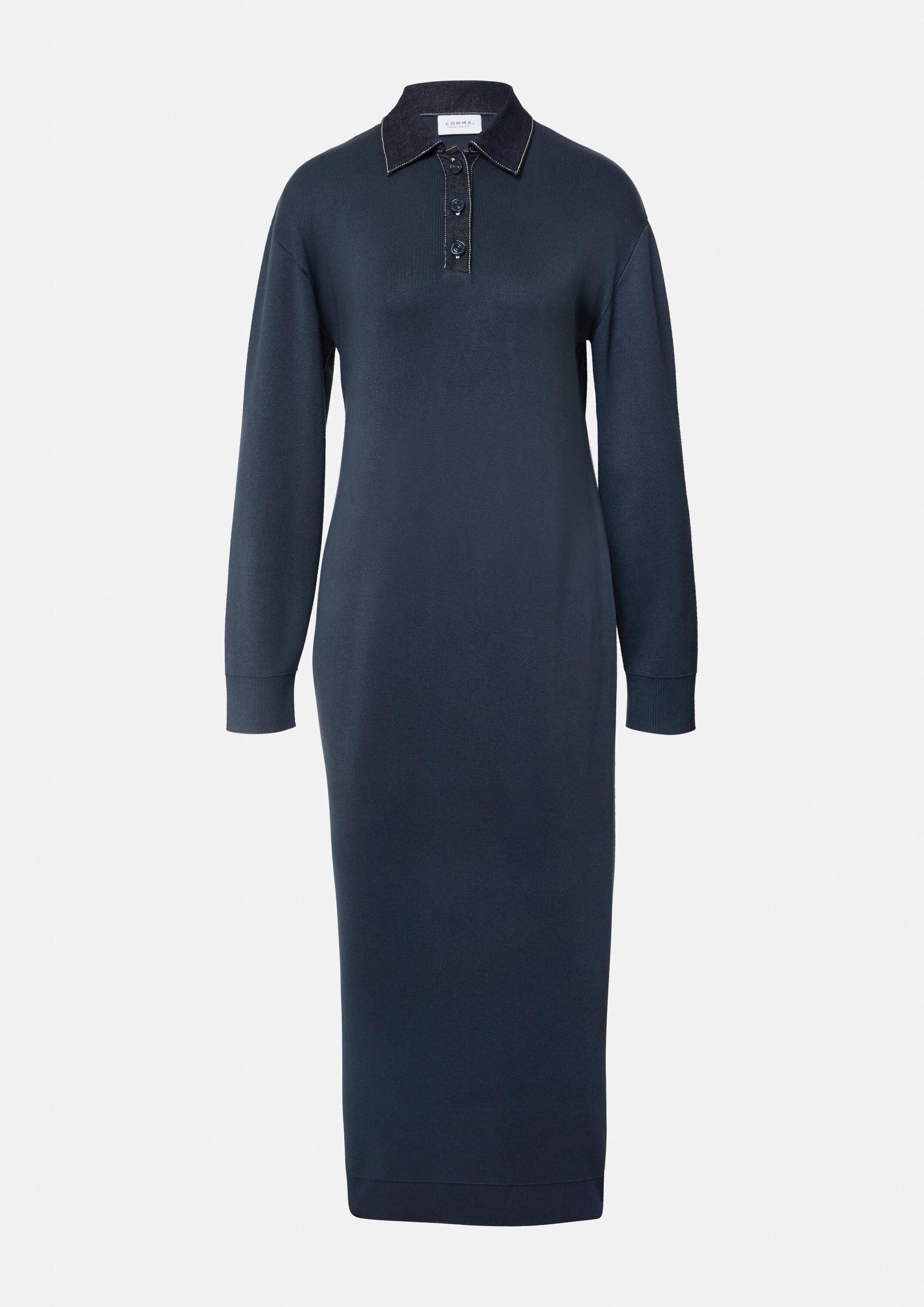 comma Midikleid Kleid Strickkleid mit Denim-Polokragen und überschnittenen Schultern