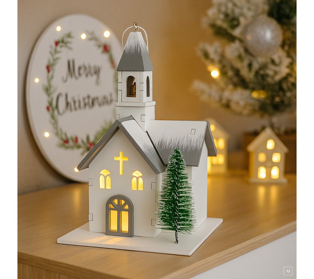 abc HOME LED-Dekofigur Kirche, Holz, Batteriebetrieben