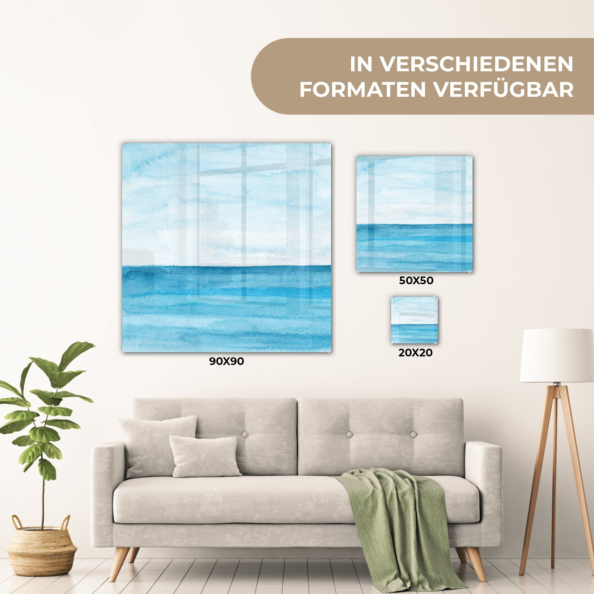 Blau, Foto Aquarell Bilder Glas Acrylglasbild Glasbilder Wandbild St), - auf auf - (1 MuchoWow - - Wanddekoration Glas Meer -