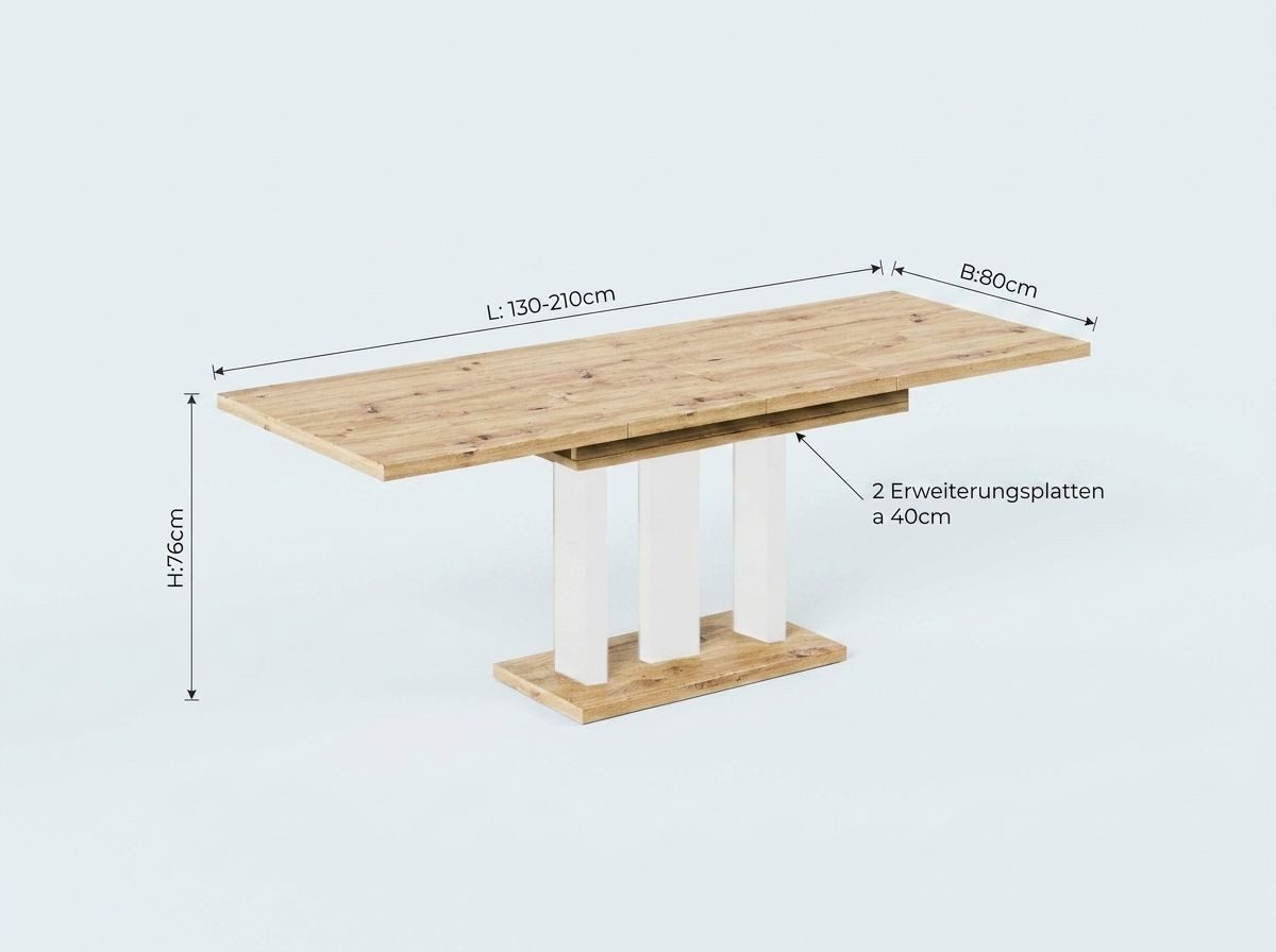 Endo-Moebel Säulen-Esstisch "Appia White" 130-210cm ausziehbar, erweiterbar, modern (1 Tisch), 2 Erweiterungsplatten, für 4, 6 oder 8 Personen, weiße Beine – Bild 5 von 5