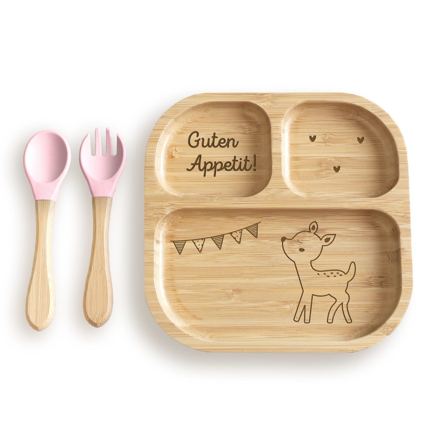 hellomini Kindergeschirr-Set Babyteller "Reh" Bambus Teller mit rosa Besteck (1-tlg), 1 Personen, Bambus, Silikon, BPA-frei, mit Motiv, rutschfest,Saugnapf, Montessori-Fächer