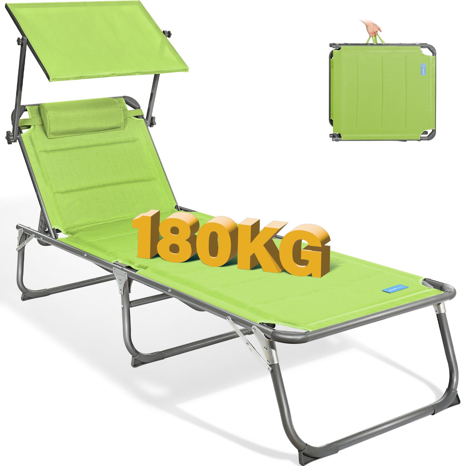 HOMECALL Gartenliege Sonnenliege AluLiege Liegestuhl Strandliege Liegen, klappbar, Textilene Mit Dickem Schwamm, Verstellbare Rückenlehne, Sonnenblende, Kopfpolster, bis 180KG