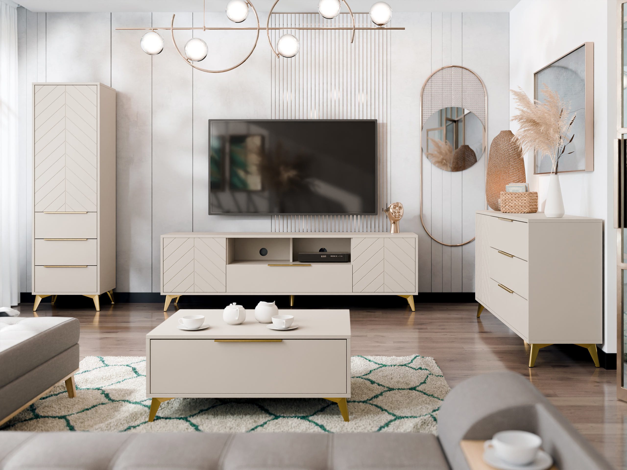 MIRJAN24 Wohnzimmer-Set Xylix I, (Kommode, Couchtisch, TV-Lowboard, Kleiderschrank), Griffe und Füße aus Metall in der Farbe Gold