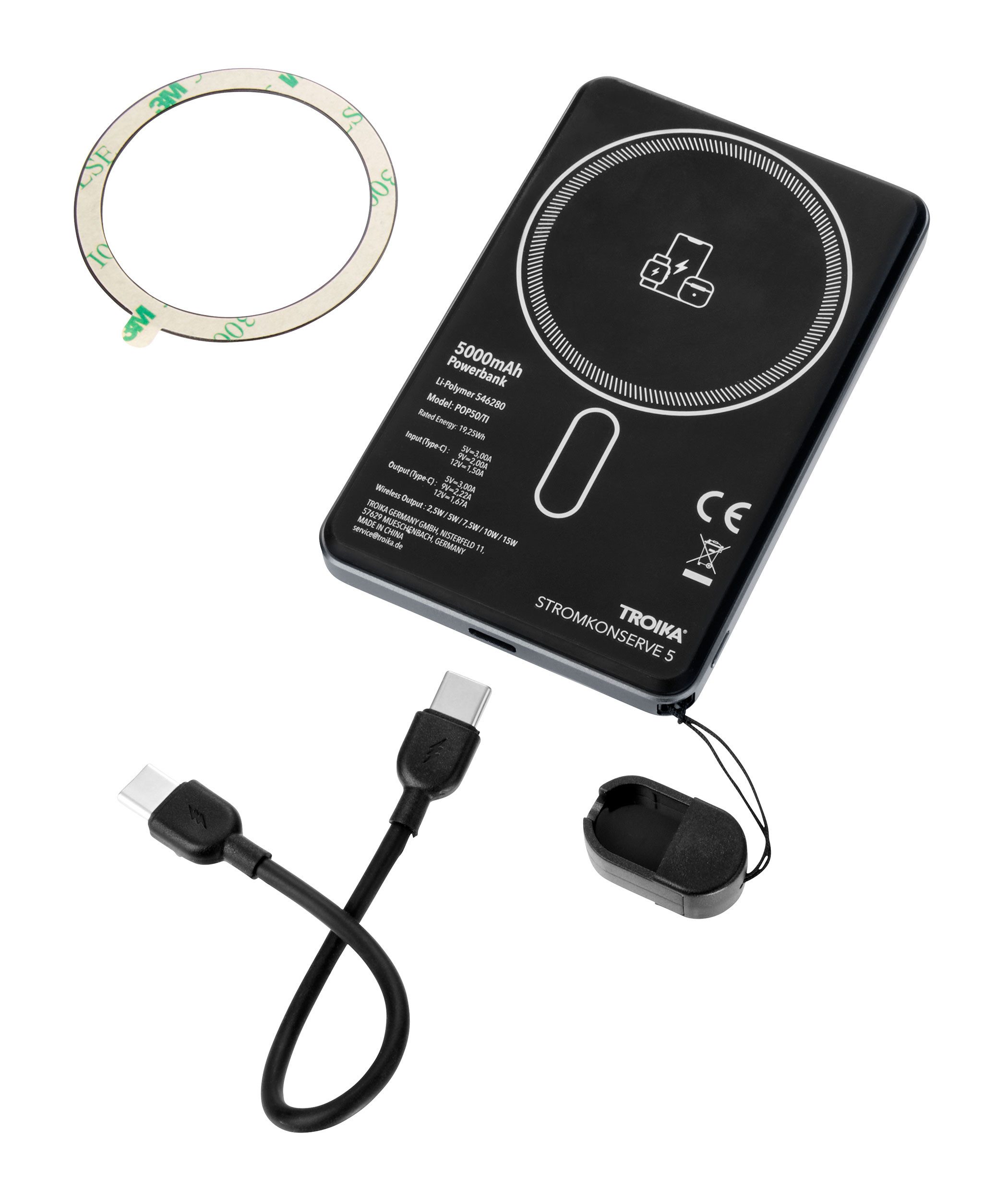 TROIKA STROMKONSERVE 5, MagSafe 5000mAh 3-in-1 kabelloses Laden 15W Powerbank, für Handy, Watch & Kopfhörer mit LED-Anzeige, Ständer & USB-C, fünn