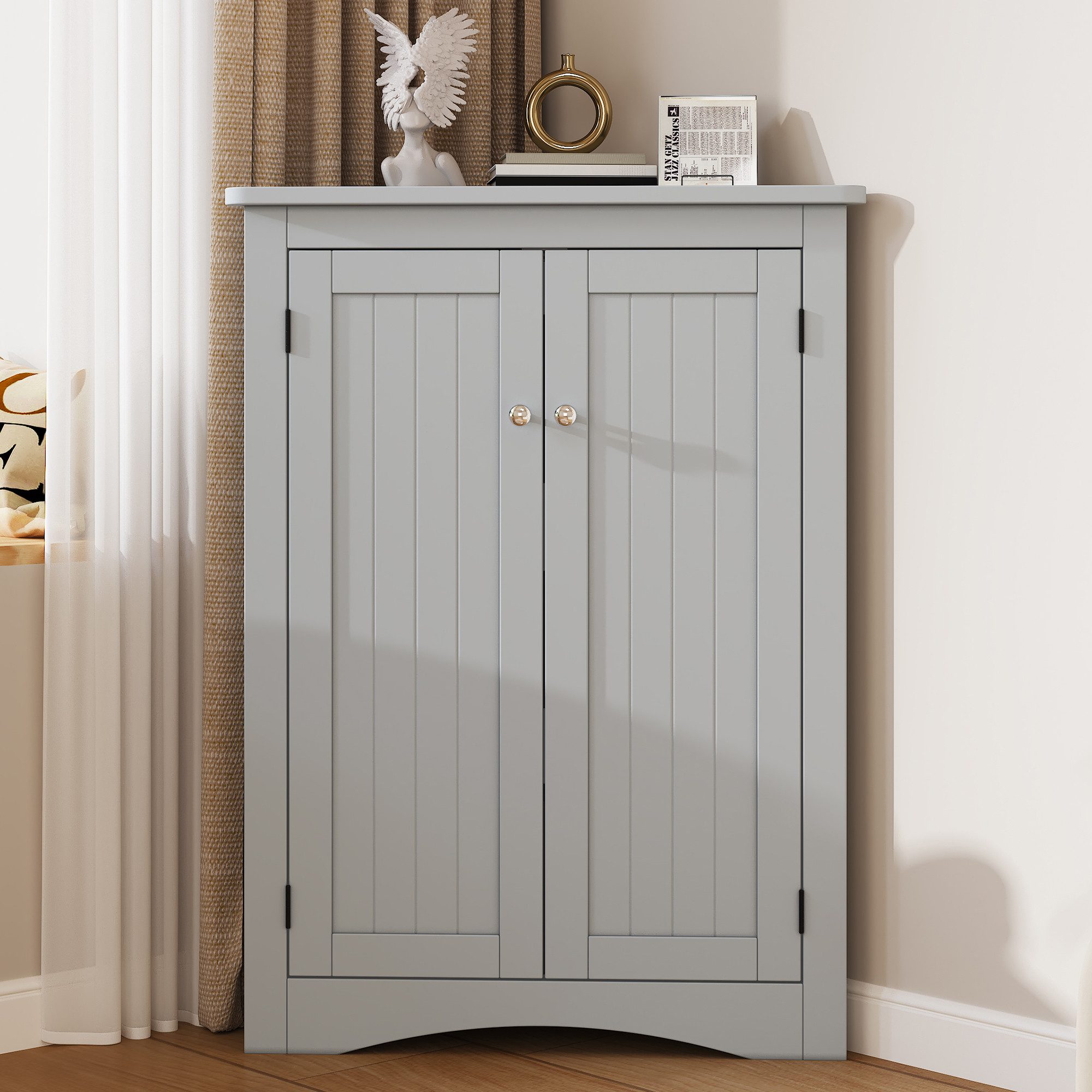 Flieks Eckschrank (1-St., B61,5xT34,5xH80 cm) Badkommode Mehrzweckschrank Eckkommode mit 3 Fächern Grau