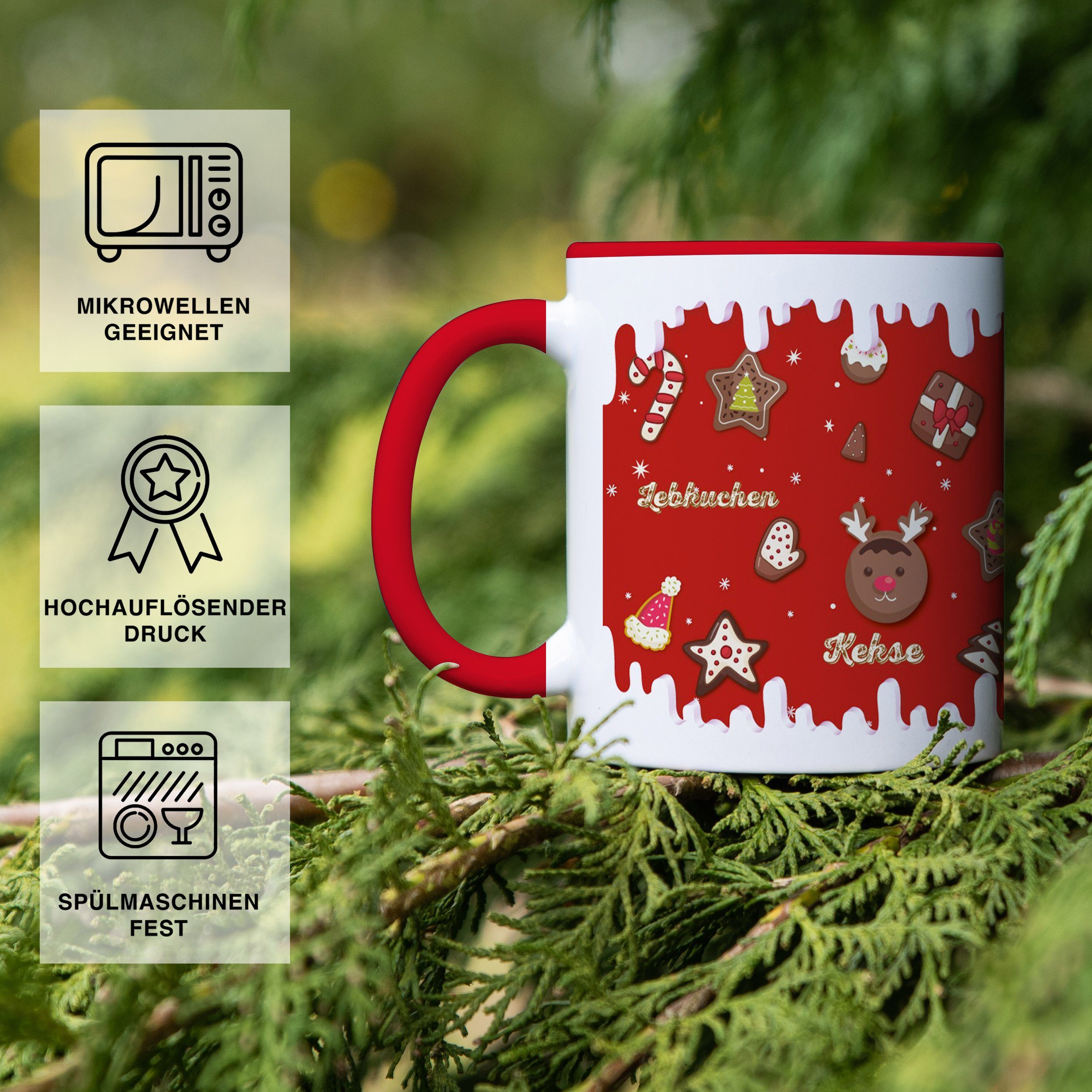 Geschenkbox, inkl. Weihnachtsdeko Deko, Spülmaschinen- Kaffeetassen, beidseitig, und Rot Becher Weihnachten, Giftandprint Giftandprint Lebkuchen mikrowellengeeignet
