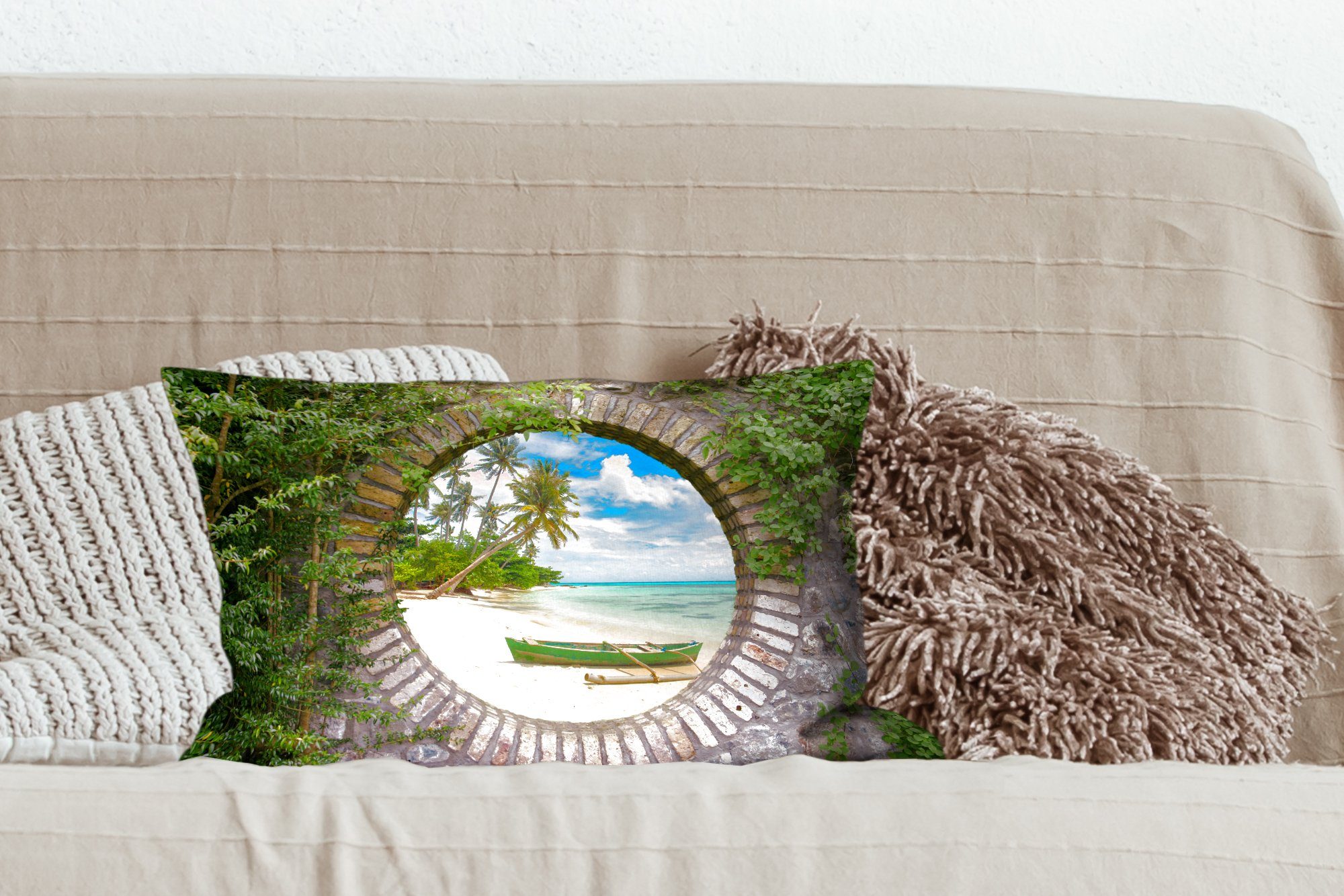 Zierkissen, - Dekokissen Schlafzimmer Aussicht mit Palme Füllung, Dekoration, Kanu, MuchoWow - - Dekokissen Strand Wohzimmer