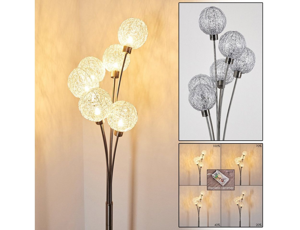 hofstein Stehlampe »Lerici« stufenlos dimmbar, Nickel-matt/Silberfarben, ohne Leuchtmittel, Stehleuchte, mit 6 Drahtkugeln, 6xG9,mit Fußschalter am Kabel