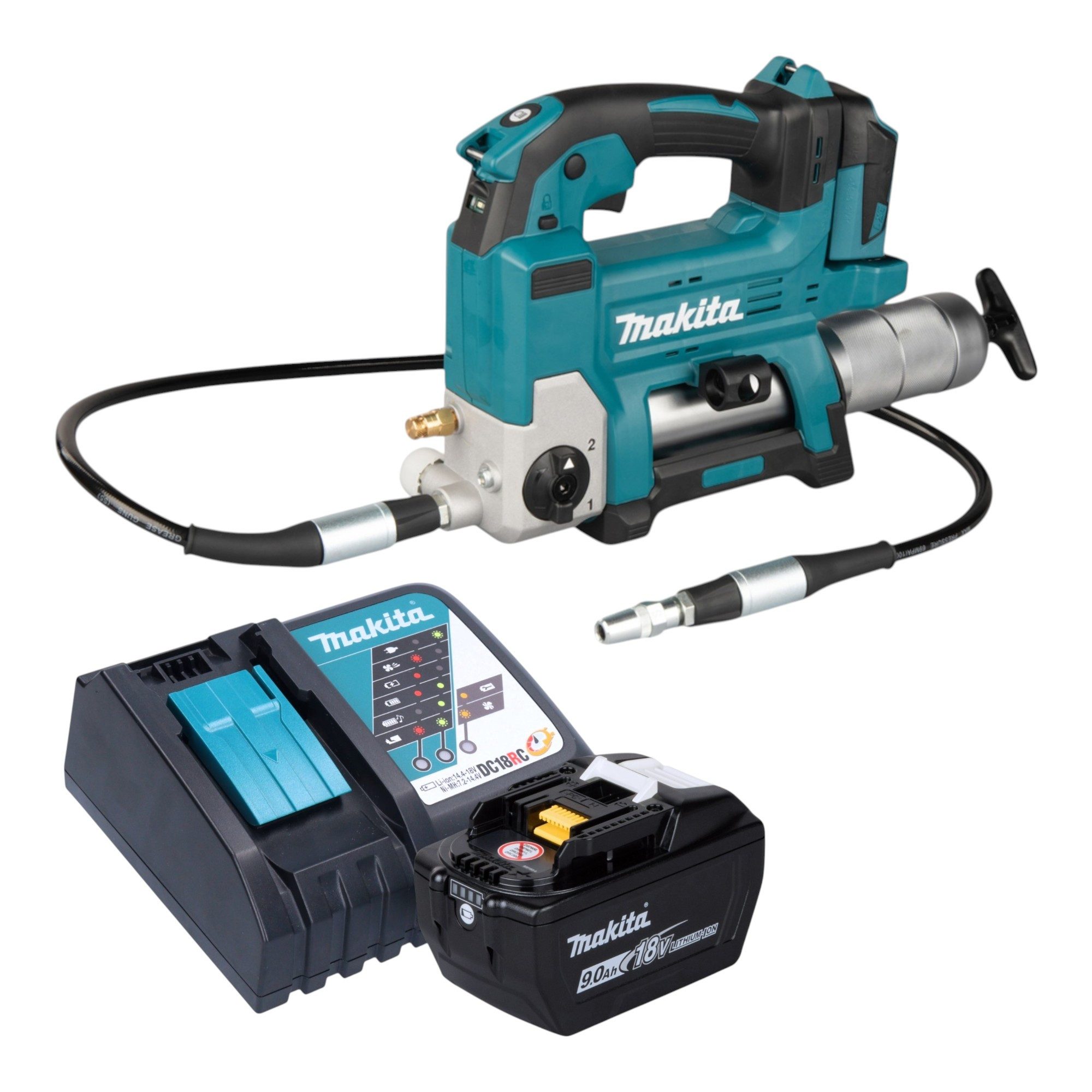 Makita Werkstattpresse DGP 180 Z Akku Fettpresse 18 V 690 bar + 1x Akku 9,0 Ah + Ladegerät