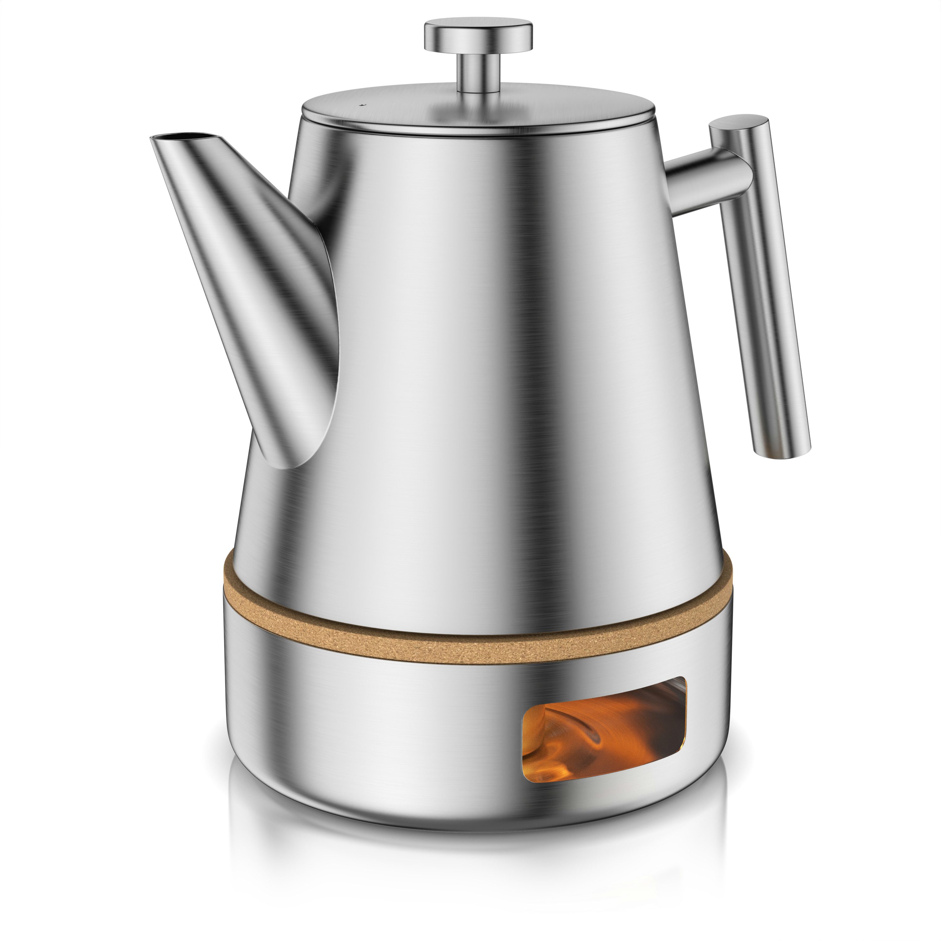 Arendo Teekanne Edelstahl Isolierkanne mit Stövchen & Siebeinsatz, 1000ml, Metallgriff, 1 l, (Set, 3-St., Teesieb, Stövchen), Doppelwandige Thermo Isolierung, Kanne mit Teesieb für losen Tee