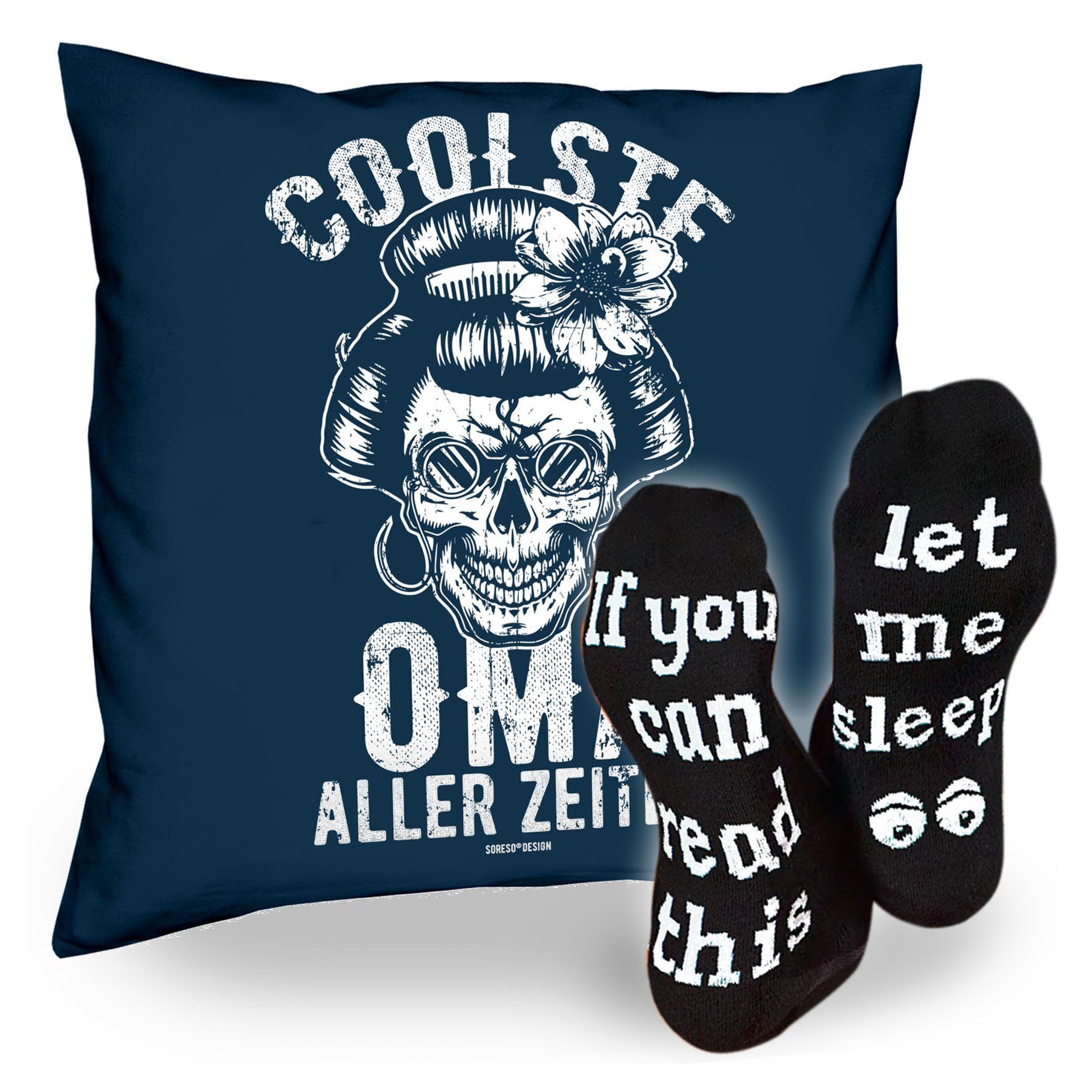 Soreso® Dekokissen Kissen Coolste Oma aller Zeiten & Sprüche Socken Sleep, Geschenkidee Weihnachtsgeschenk navy-blau