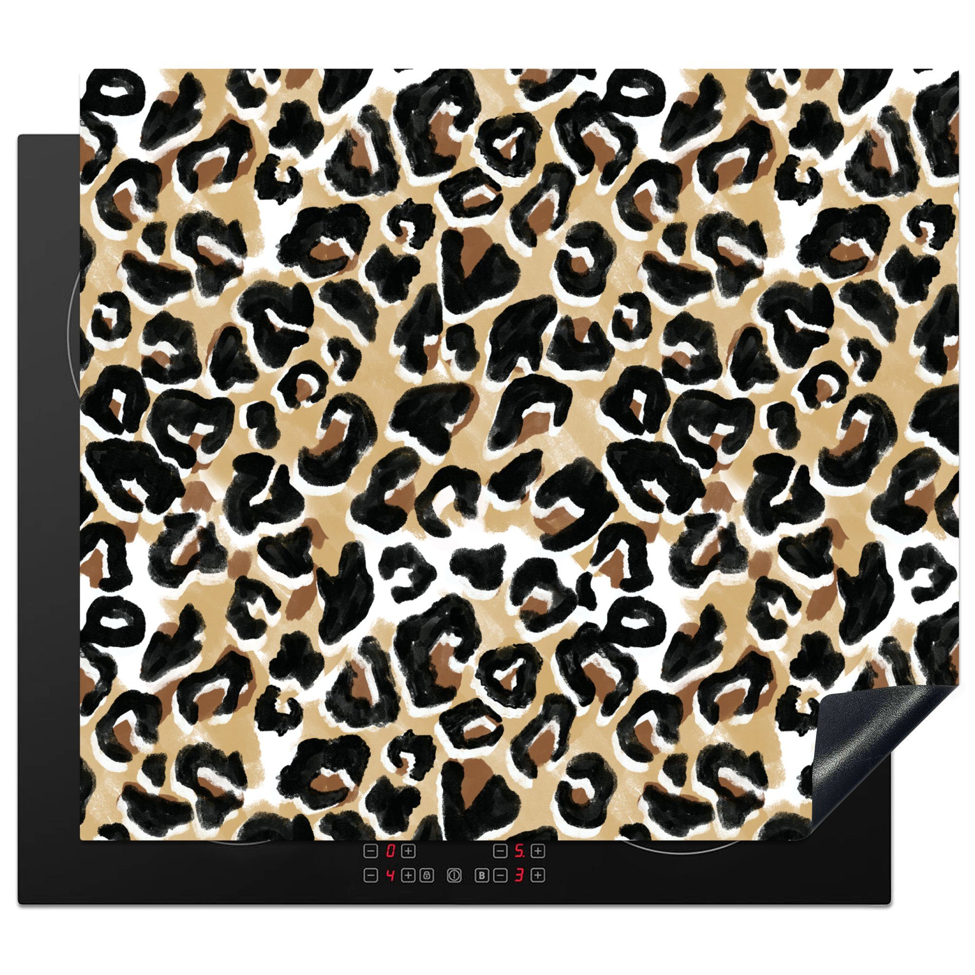 MuchoWow Herdblende-/Abdeckplatte Tierdruck - Panther - Braun - Aquarell, Vinyl, (1 tlg), 59x52 cm, Ceranfeldabdeckung für die küche, Induktionsmatte